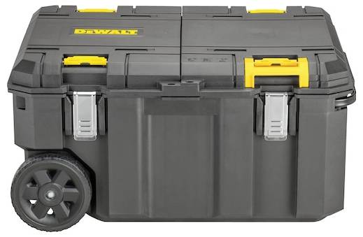 A black and yellow rolling toolbox with a 'DEWALT' logo, metal latches, and sturdy wheels, designed for portable tool storage.