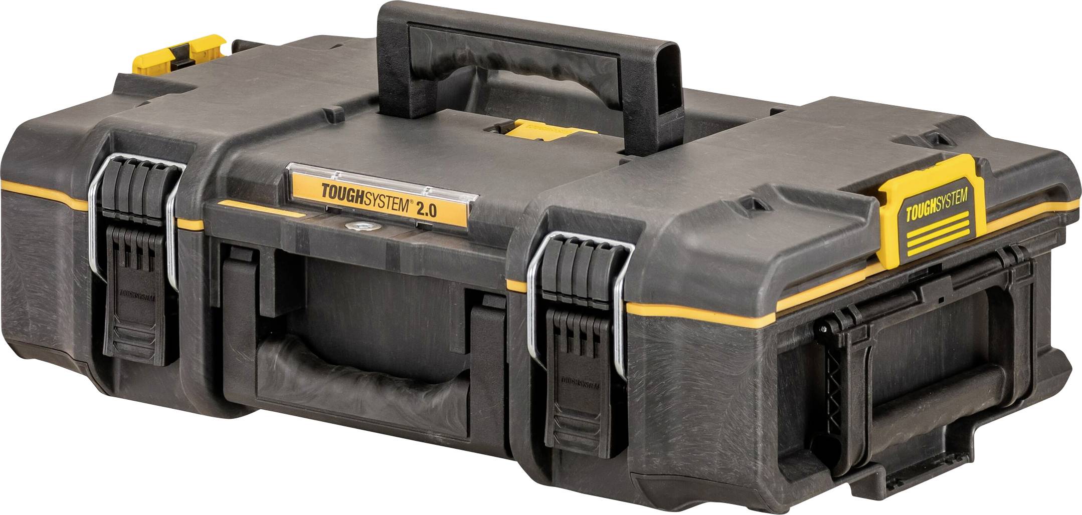 A black and yellow portable toolbox labeled 'TOUGHSYSTEM 2.0' with a sturdy handle and secure latches, designed for durability and storage.
