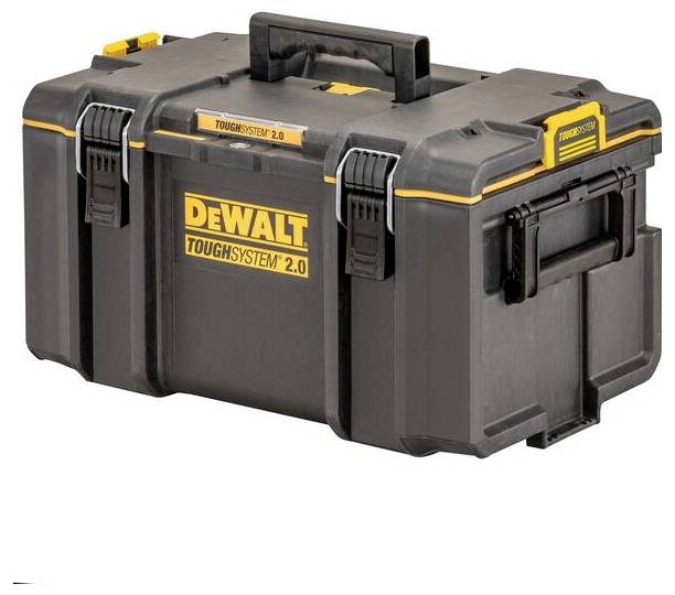 A black and yellow toolbox labeled 'Dewalt Toughsystem 2.0', featuring secure latches and a handle, suggesting durability and portability.