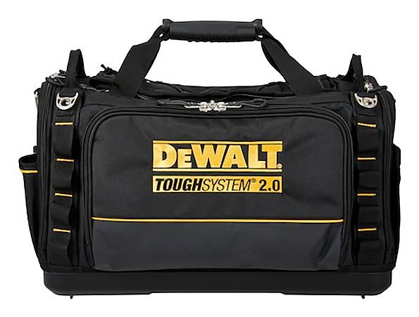 Black DeWalt ToughSystem 2.0 tool bag with sturdy handles and multiple exterior pockets, designed for secure tool storage and transport.