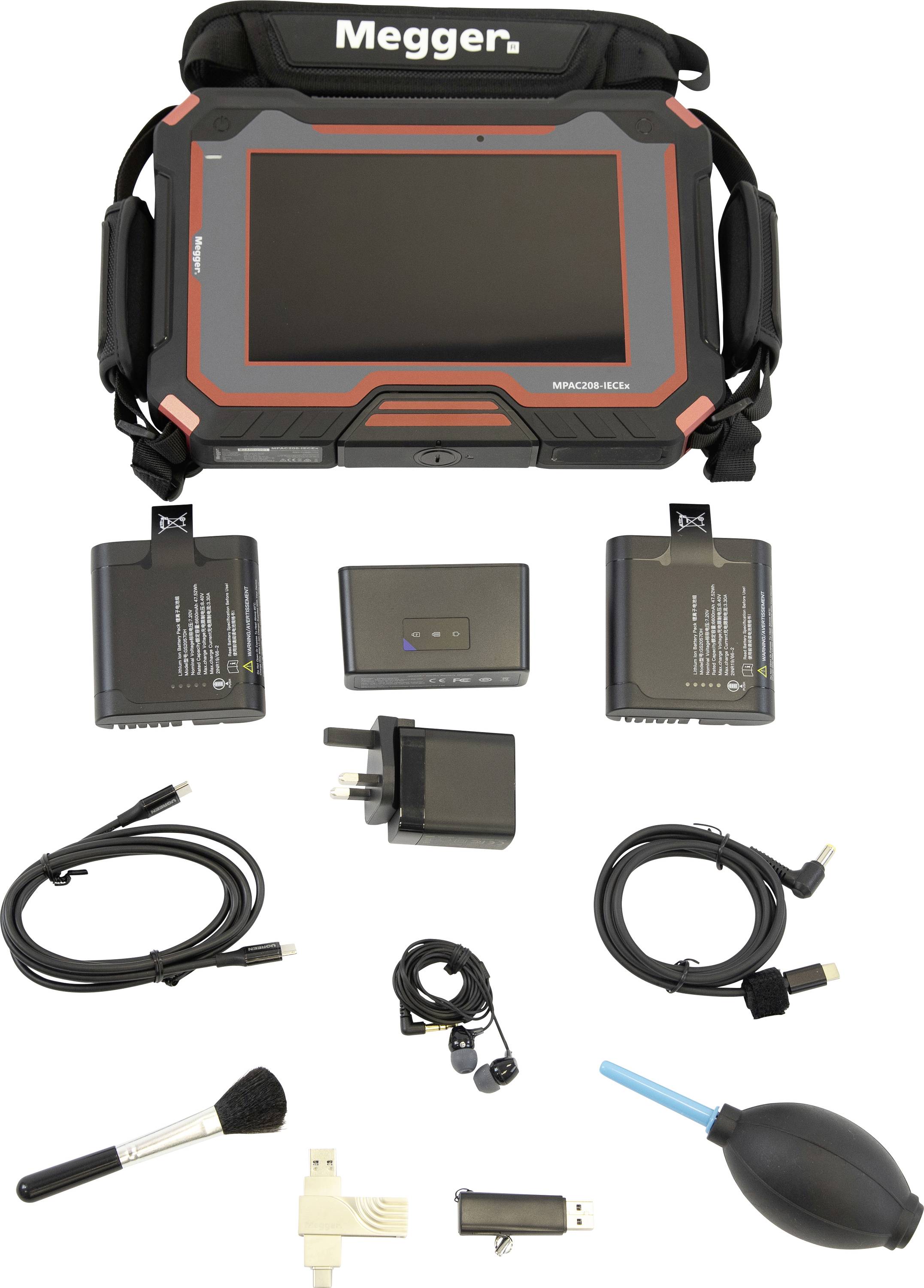 Electrical test kit with handheld device, two batteries, charger, cables, brush, plug adapter, USB, earpiece, and air blower.