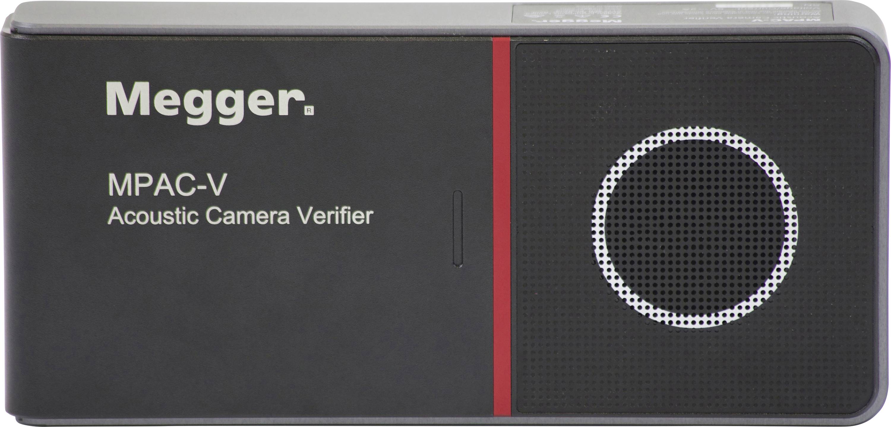 'Megger MPAC-V Acoustic Camera Verifier' device shown from the front with a black body, a red stripe, and a circular speaker grid.