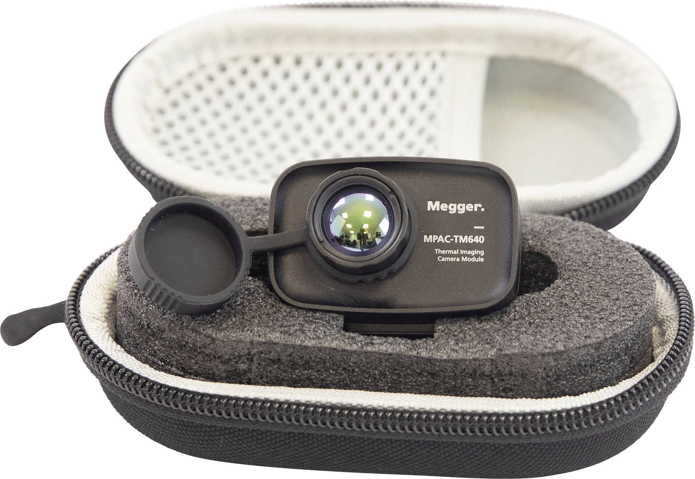 'Megger MPAC-TM640 Thermal Imaging Camera Module' displayed with its protective case, showcasing the lens and protective cap.