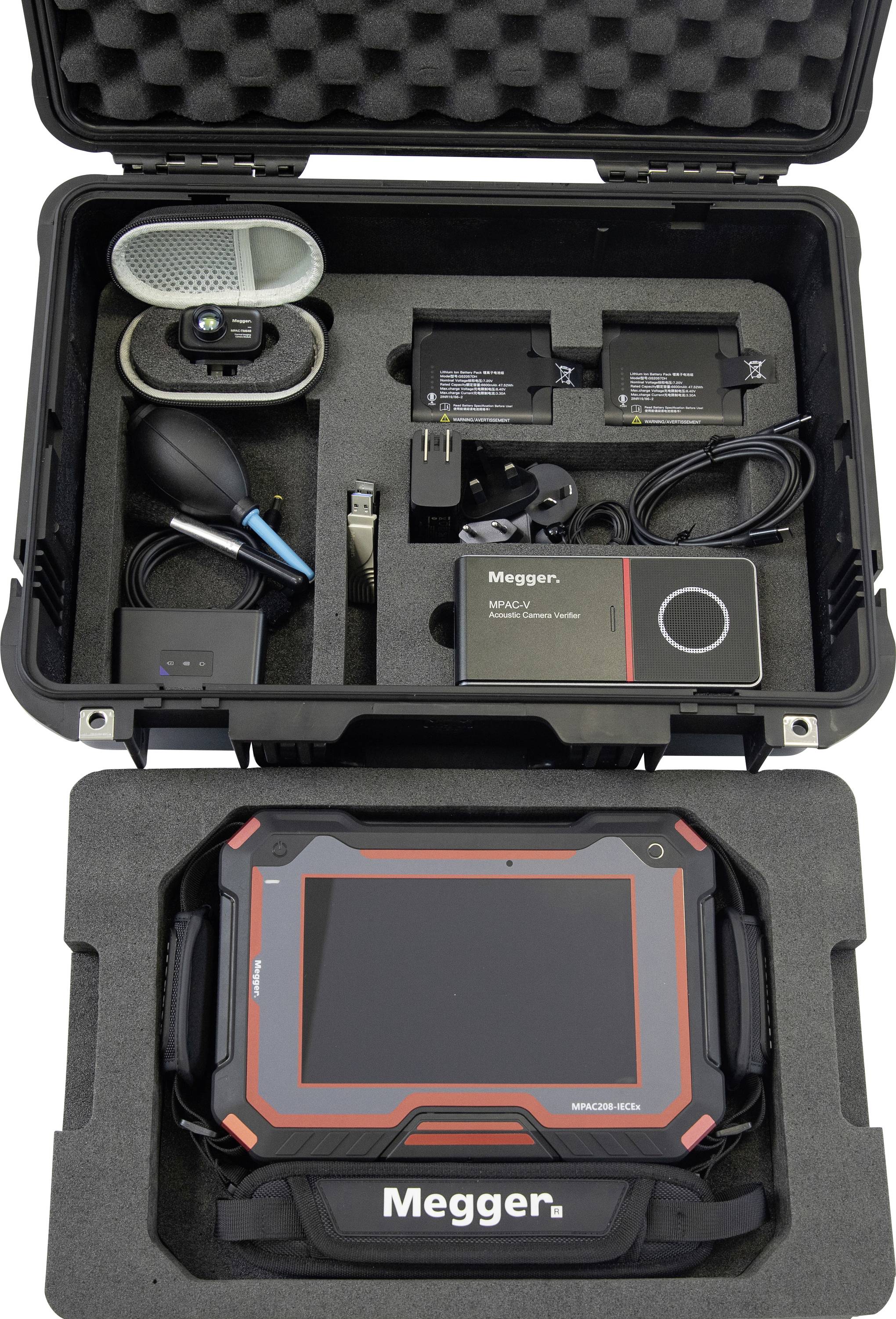 'Megger' insulation testing kit in a case, containing a digital display device, connectivity cables, probe, and accessories for electrical testing.