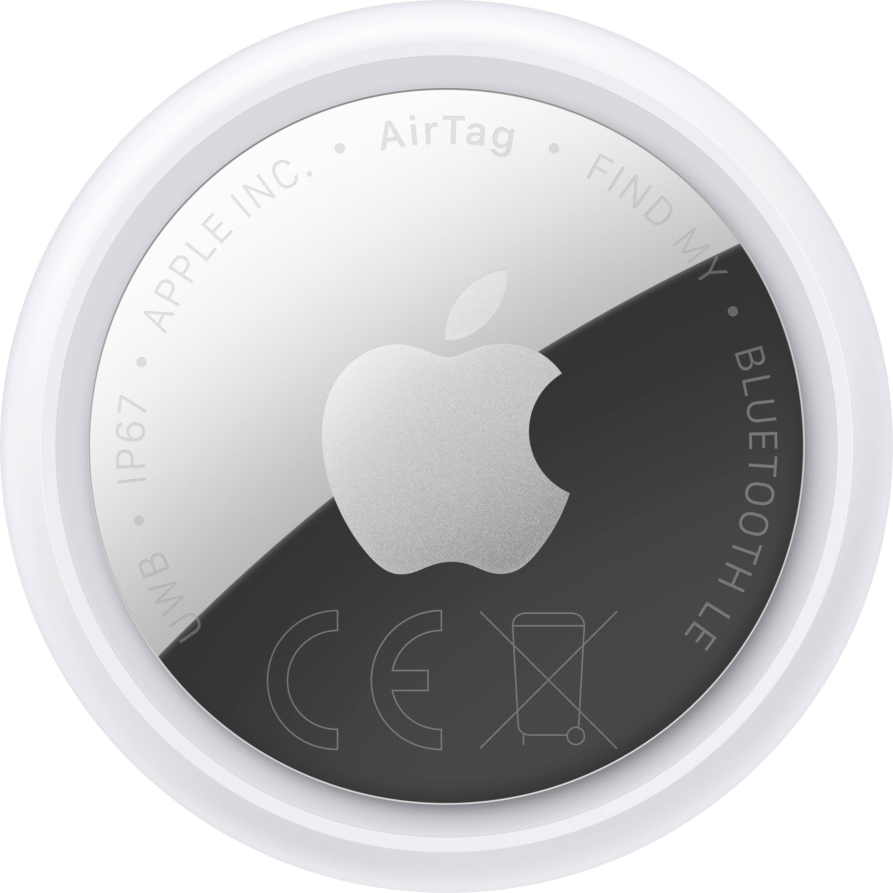 A Apple AirTag device with a metallic surface, displaying logos and regulatory information, used for locating items via Bluetooth.