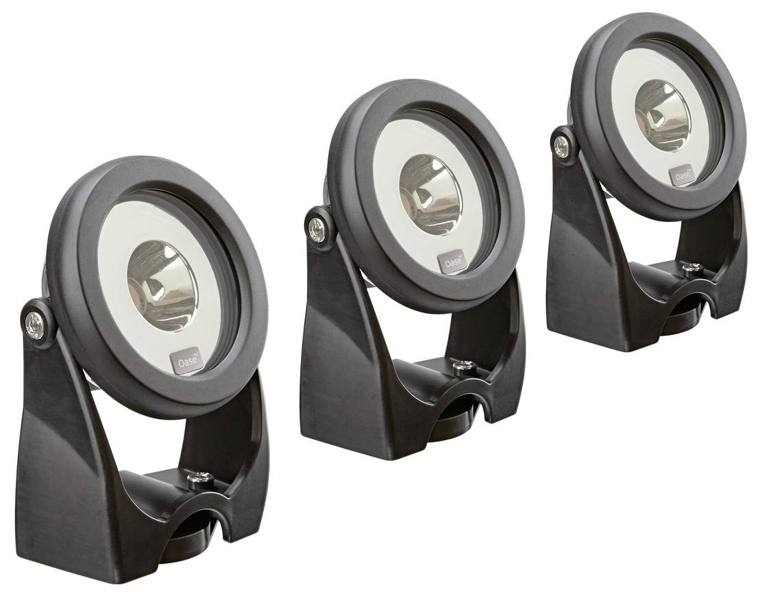Three black adjustable spotlights or display lamps shown in different sizes on a white background.