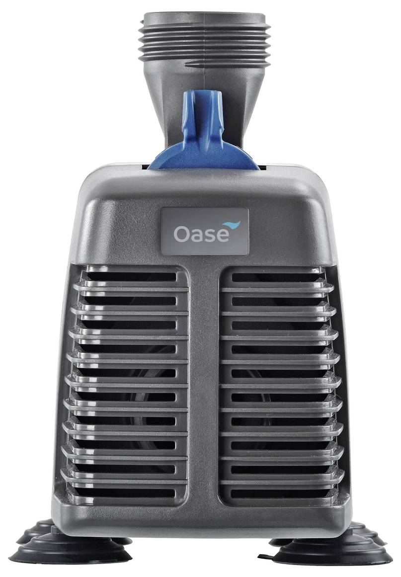 Oase pond pump with a gray vented housing, blue top connector, and suction feet, shown against a white background.