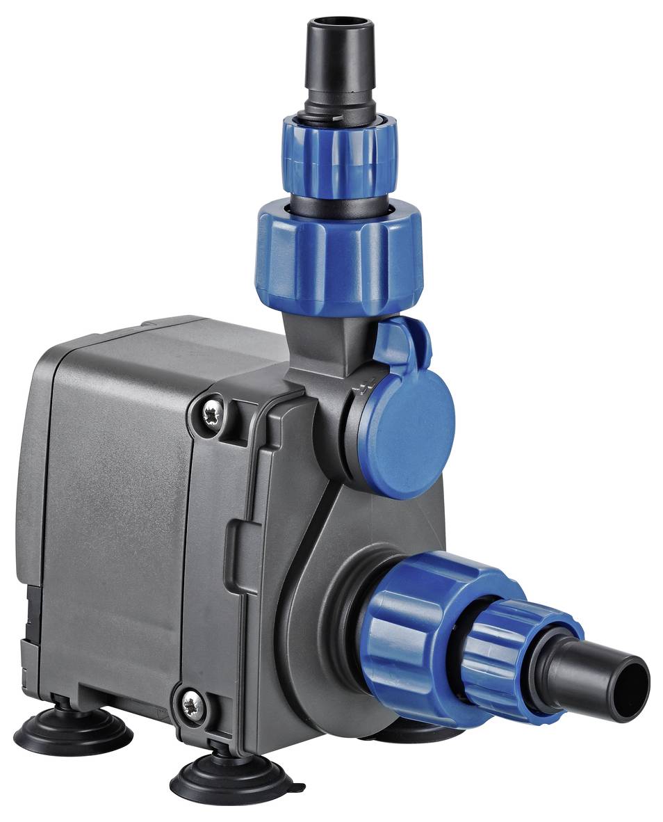 Compact black-and-blue electric water pump with hose fittings and suction feet, shown isolated on a white background.