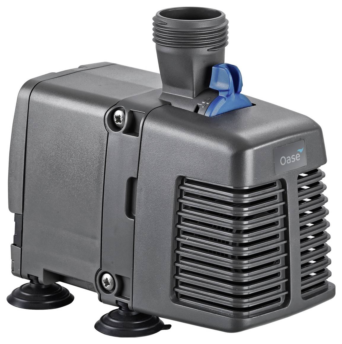 Black Oase pump with vented front grille, top outlet, and suction feet, shown on a white background.