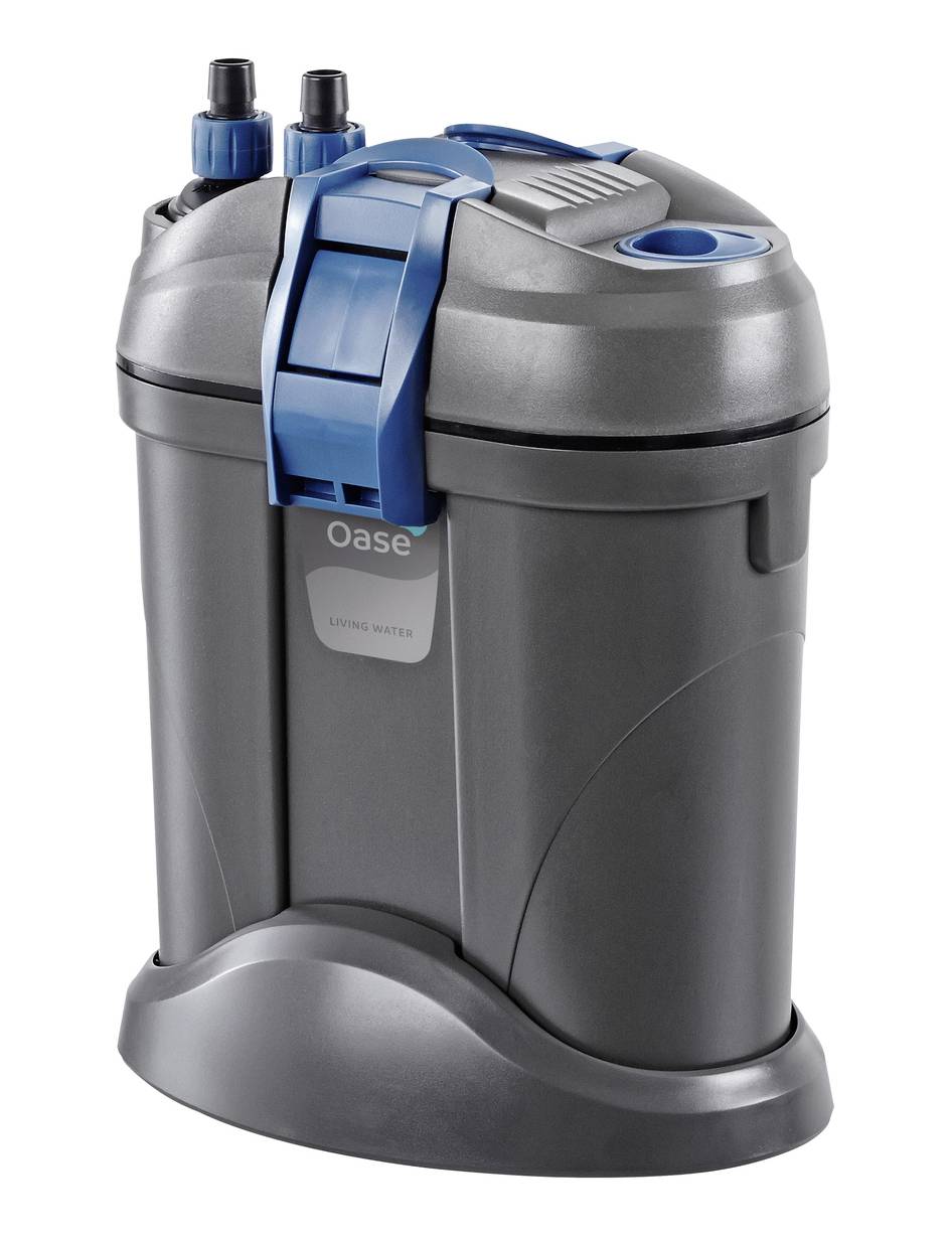 Grey Oase aquarium filter canister with blue latches and hose connections on a white background.