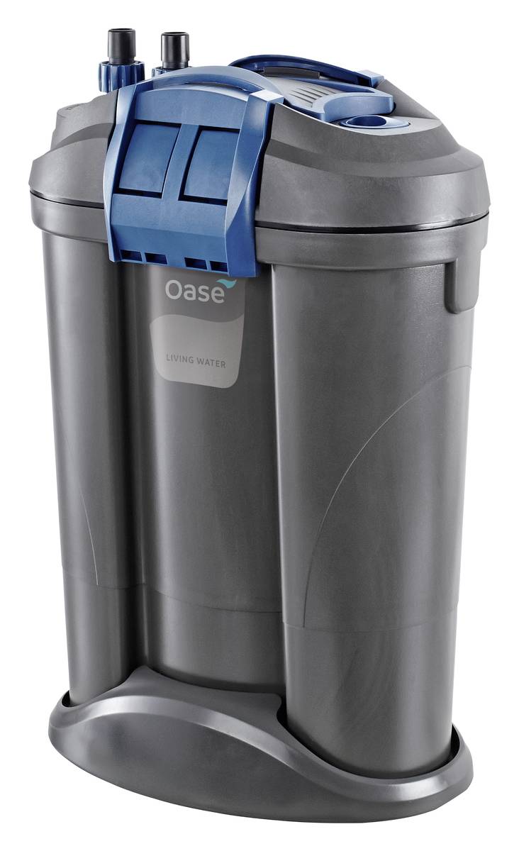Gray Oase external aquarium filter with blue lid and handles, shown front view on a white background.