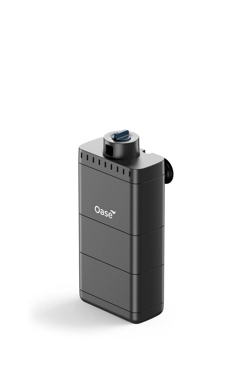 Black rectangular Oase water filter or pump unit shown on a white background with a top control dial and side outlet.