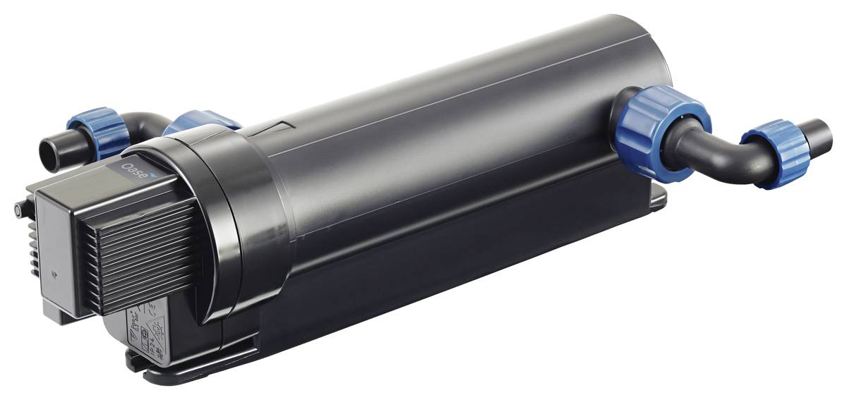 Black cylindrical industrial machine component with blue hose connectors and a finned end cap, shown on a white background.