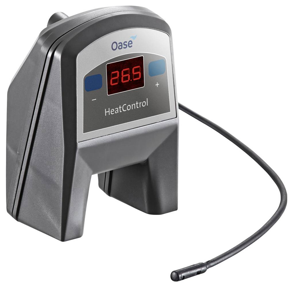 Oase HeatControl digital heater controller with red temperature display, plus/minus buttons, and probe sensor attached by cable.