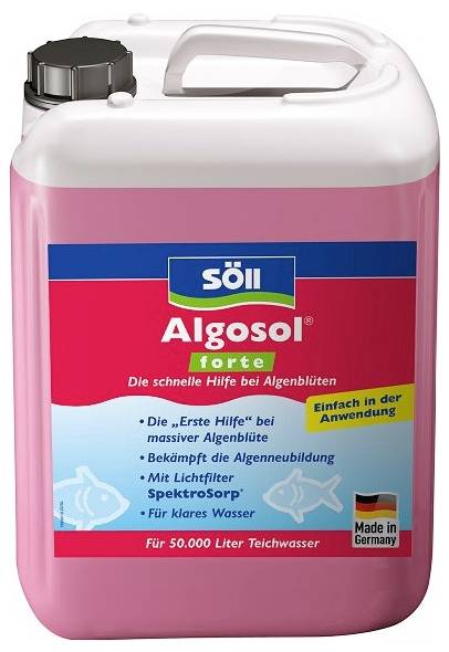 Pink jerrycan of Söll Algosol forte, an algae treatment labeled 'Die schnelle Hilfe bei Algenblüten' and 'Für 50.000 Liter Teichwasser'.