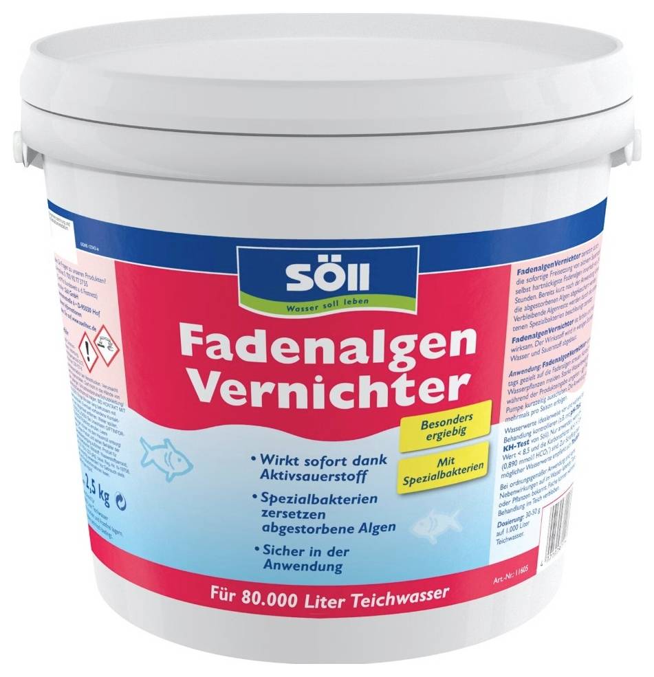 White bucket of Söll 'Fadenalgen Vernichter' pond treatment for algae control, labeled for 80,000 liters of water.