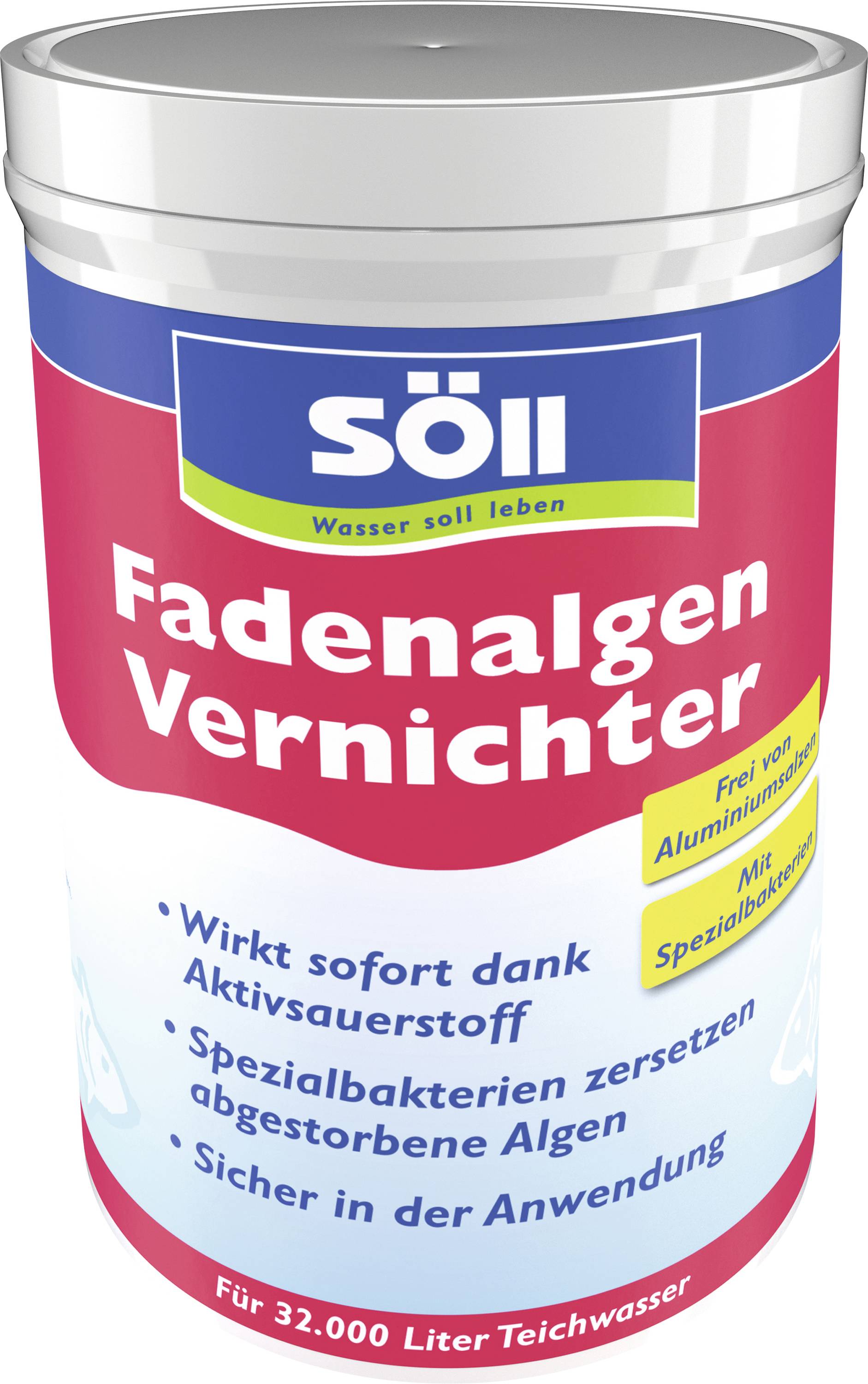 Container of Söll 'Fadenalgen Vernichter', a pond treatment that kills thread algae and indicates safe use for 32,000 liters of pond water.