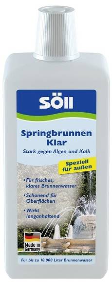 Bottle of Söll 'Springbrunnen Klar' pond/fountain treatment, labeled as strong against algae and limescale and for outdoor use.