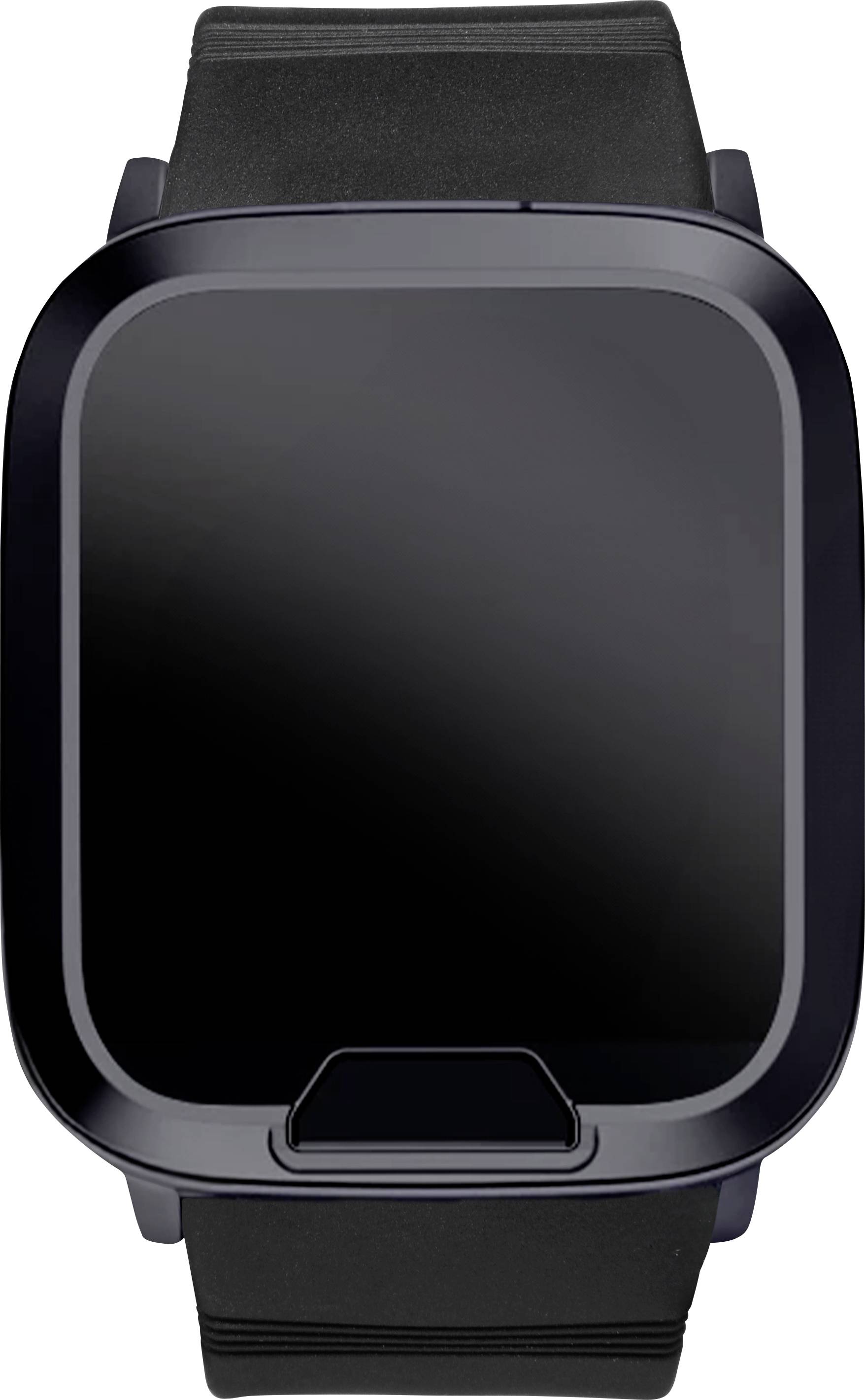 A black smart watch with a rectangular face and a black wristband. The screen is off, showing a reflective surface.