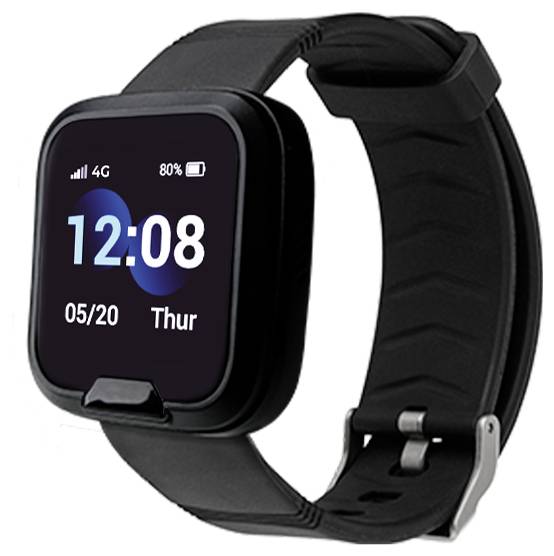 A black smartwatch displays '12:08', '05/20', 'Thu', with 4G signal and 80% battery on the screen. The strap is textured and adjustable.