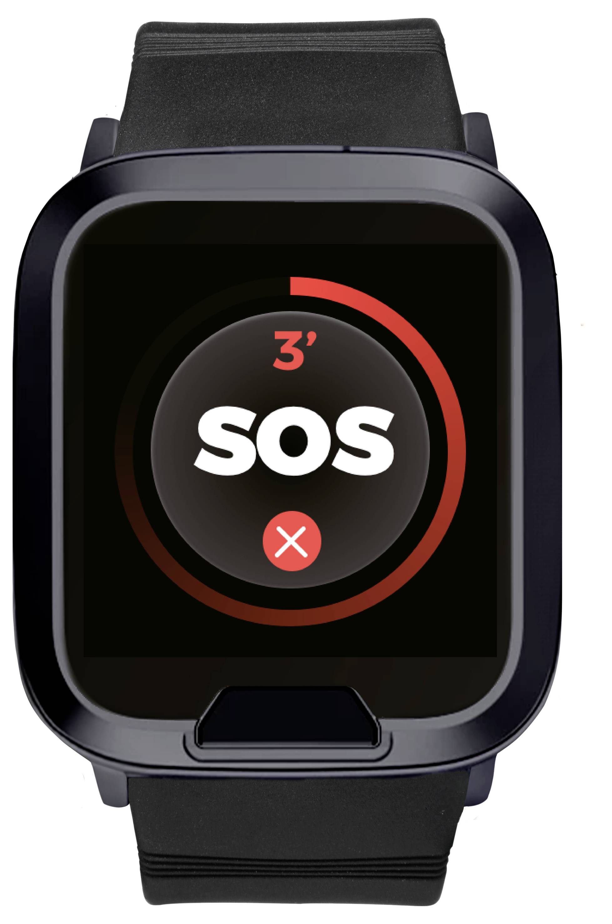 Smartwatch displaying an 'SOS' emergency alert with a countdown timer at 3 seconds. Black and red interface design.