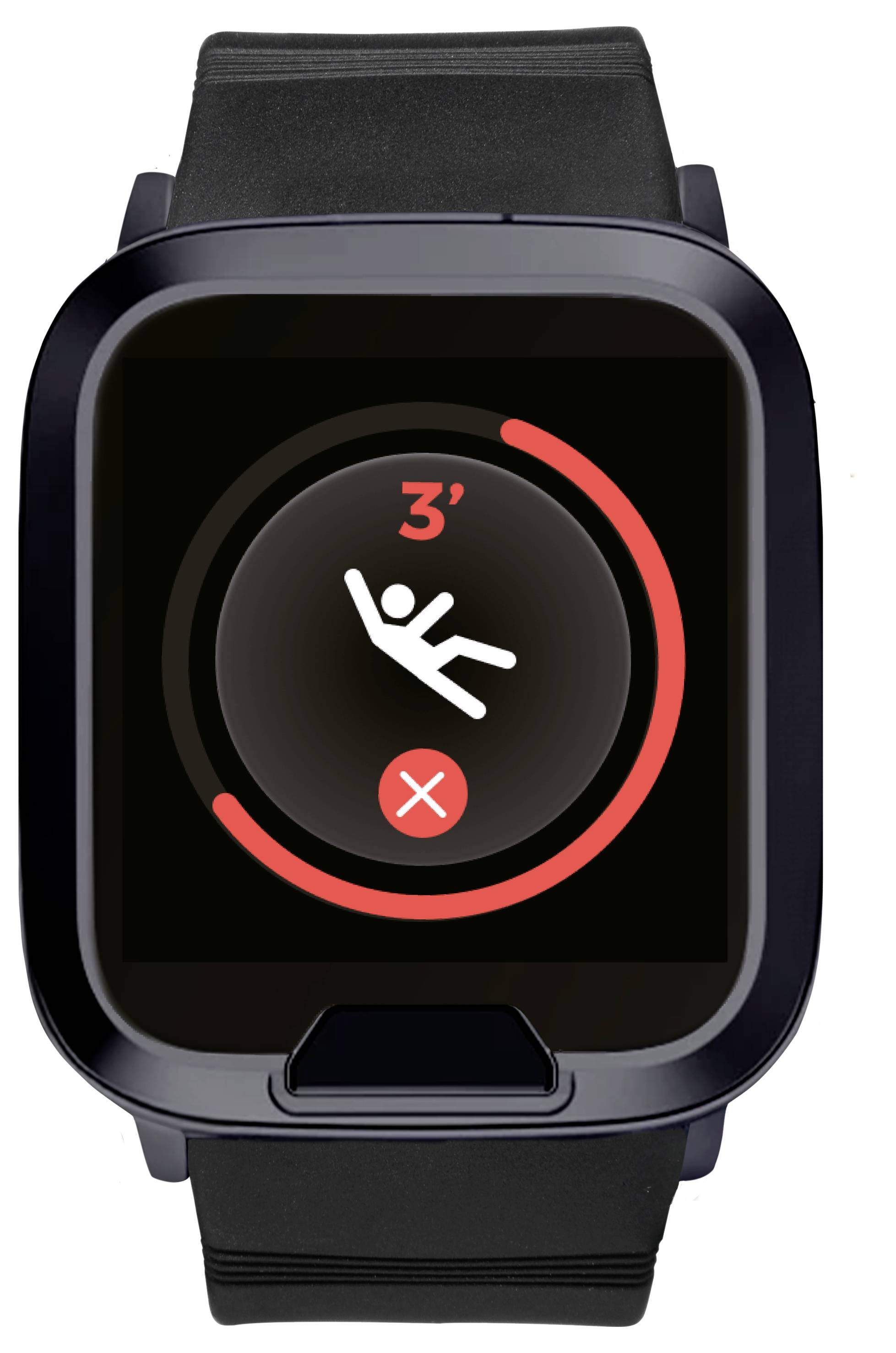 A smartwatch screen displays a fall detection alert, showing an icon of a person falling with a red circular timer set to 3 seconds.