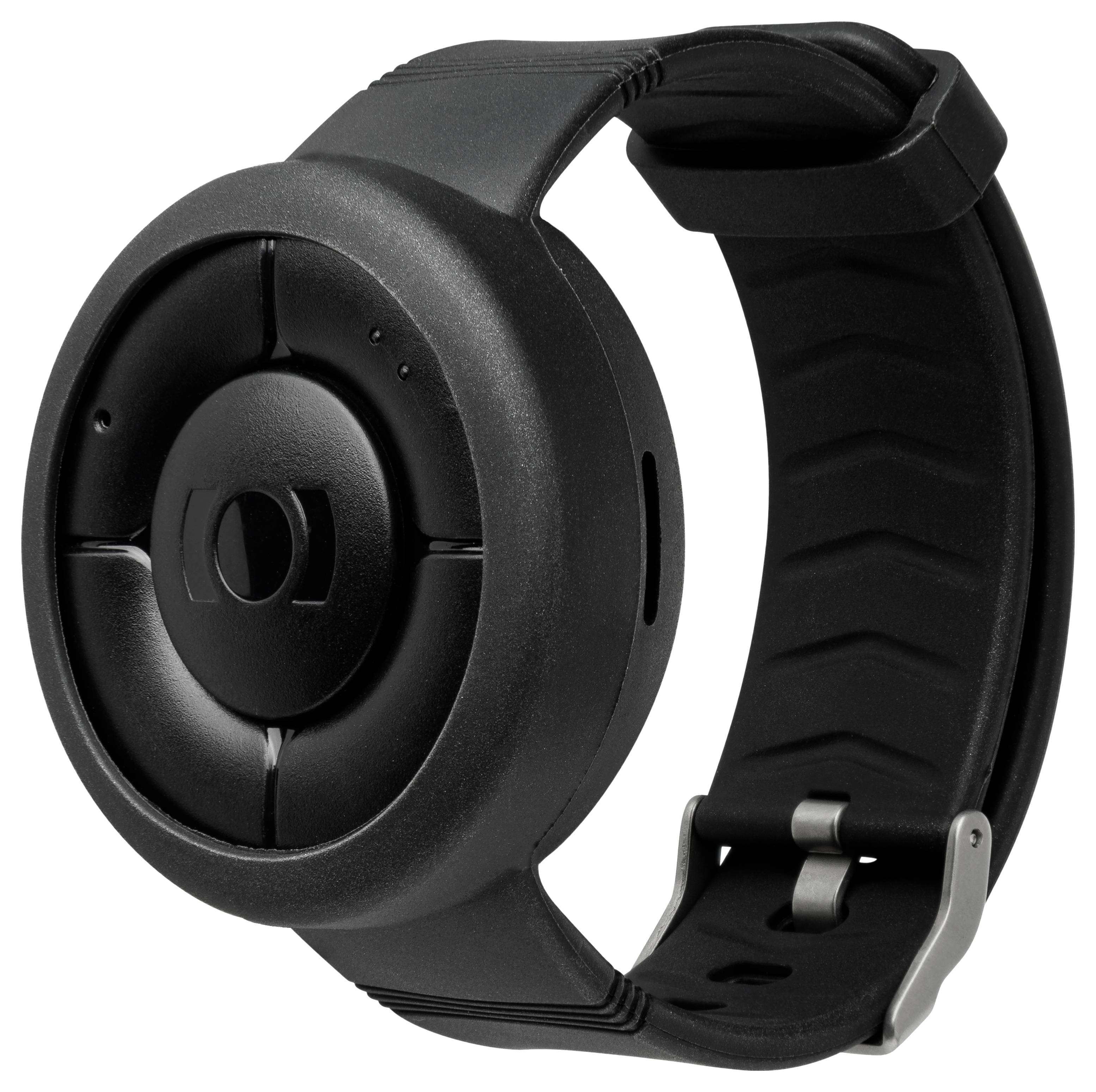 A black electronic wristband device with a circular face and a simple design.