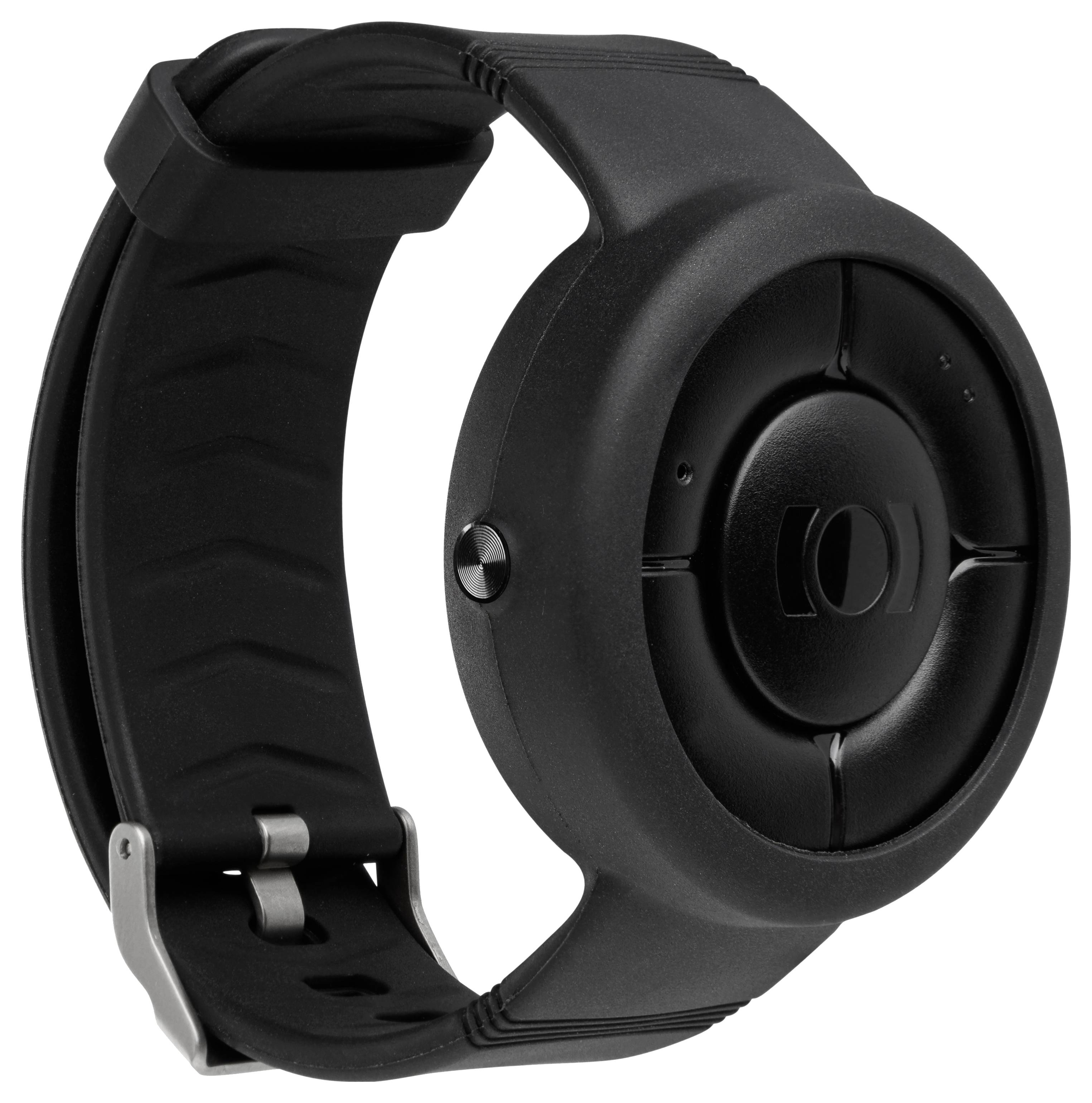 A black round smartwatch with an adjustable strap, featuring a sleek, minimalist design.
