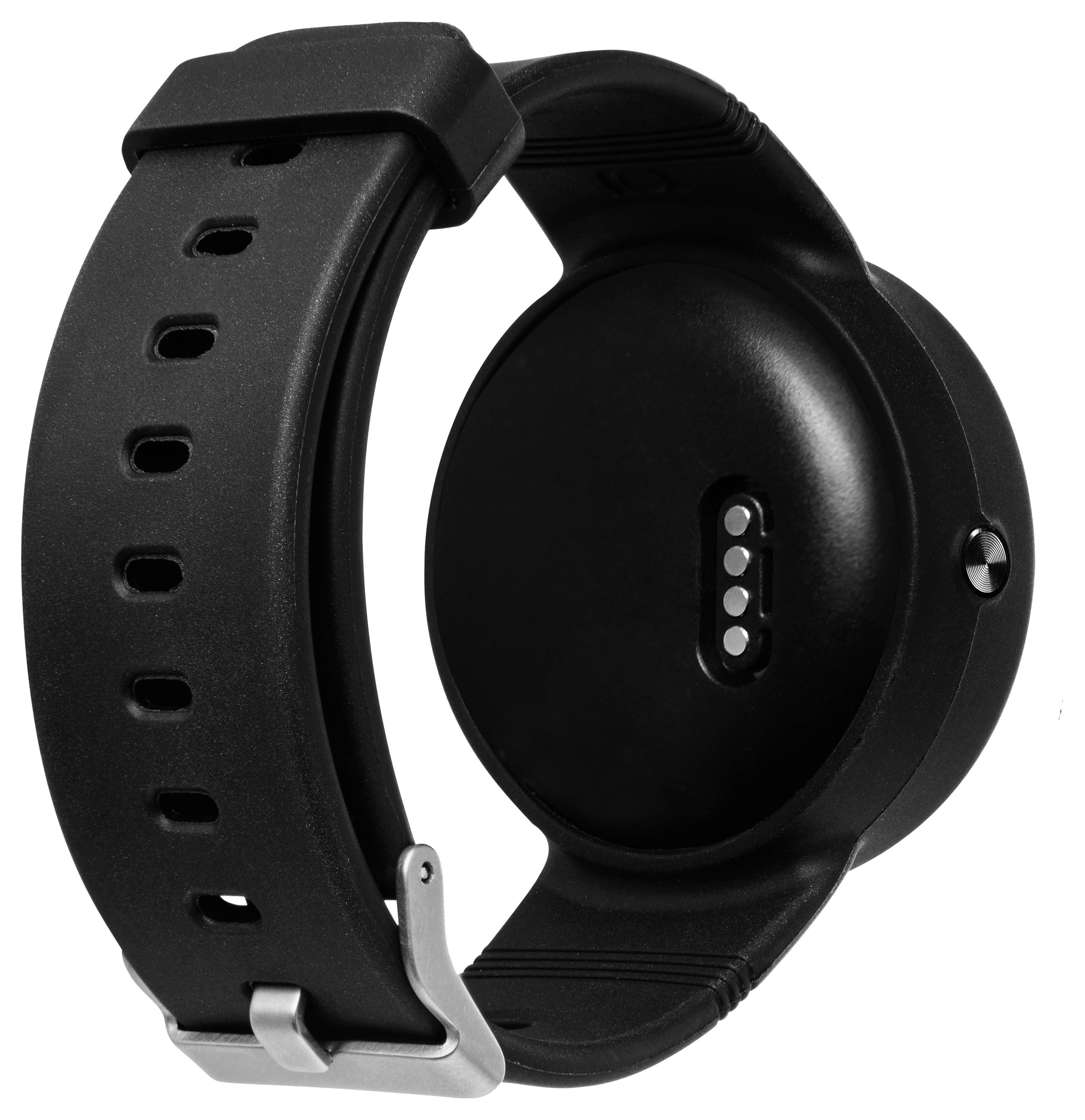 A black smartwatch viewed from the back, showing its sleek strap and sensors.