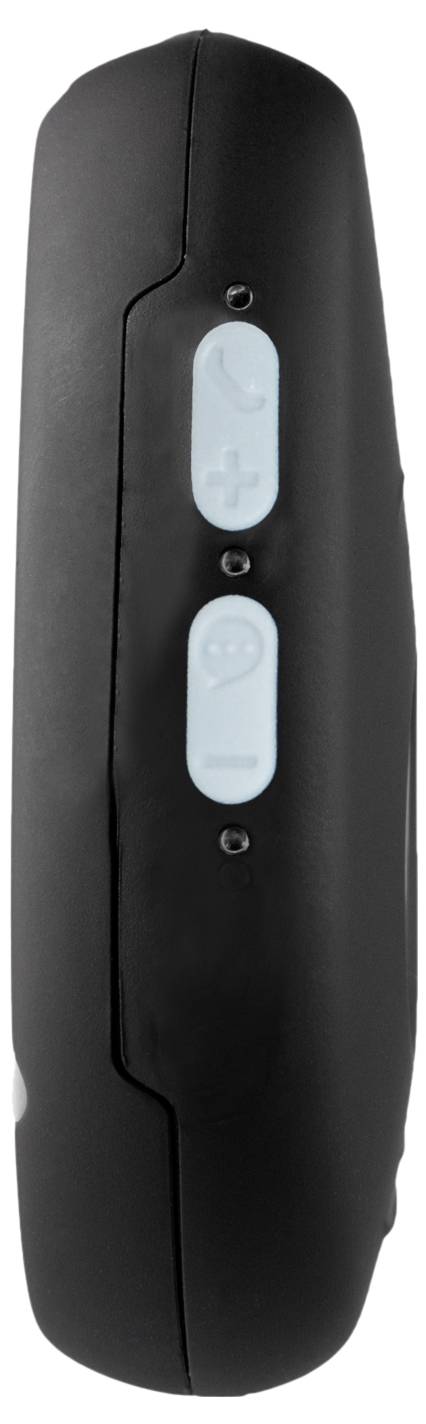 A black remote control with side view showing up and down buttons, likely for volume or channel control.