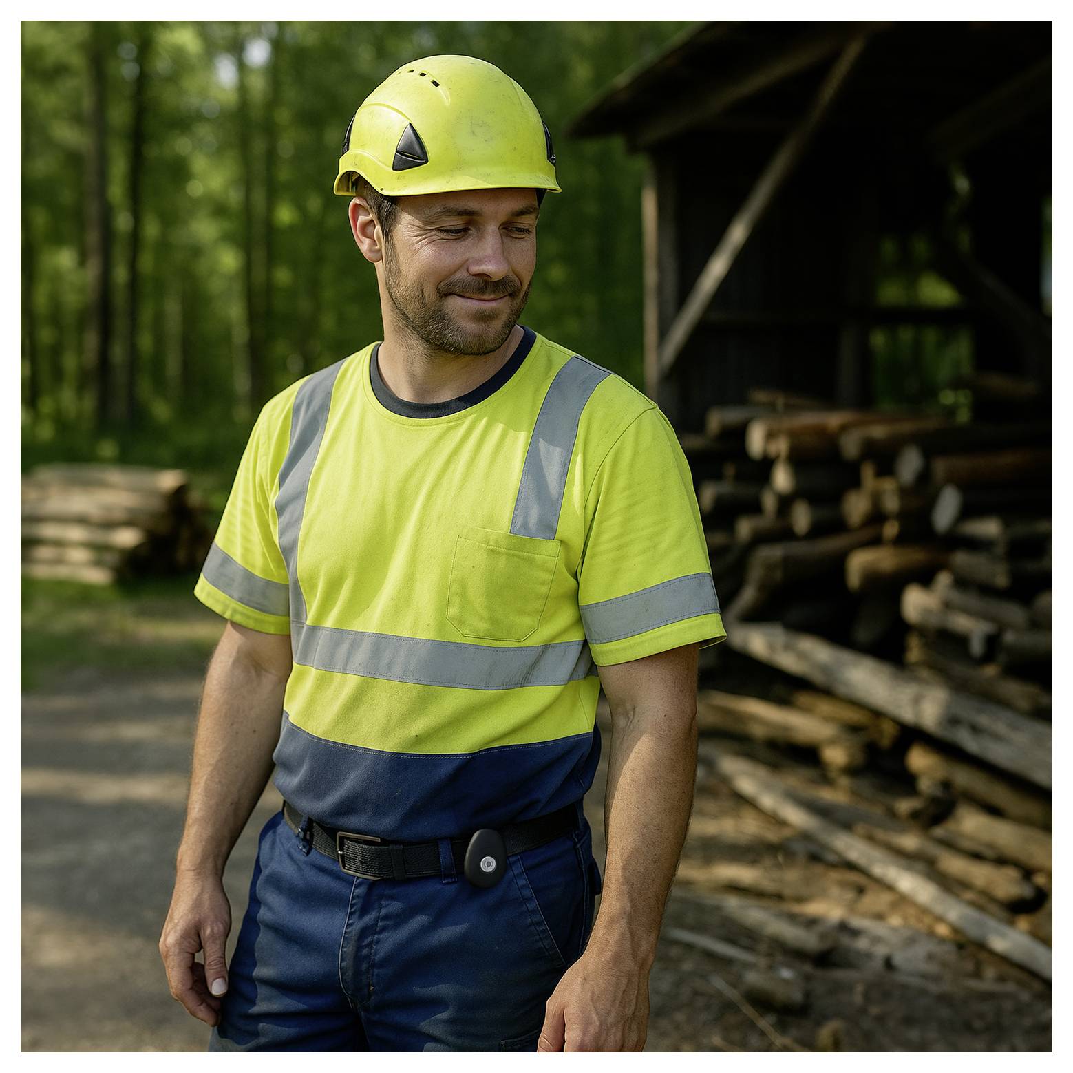 A person wearing a yellow safety helmet and high-visibility shirt stands in a wooded area with stacked logs in the background, suggesting forestry work.