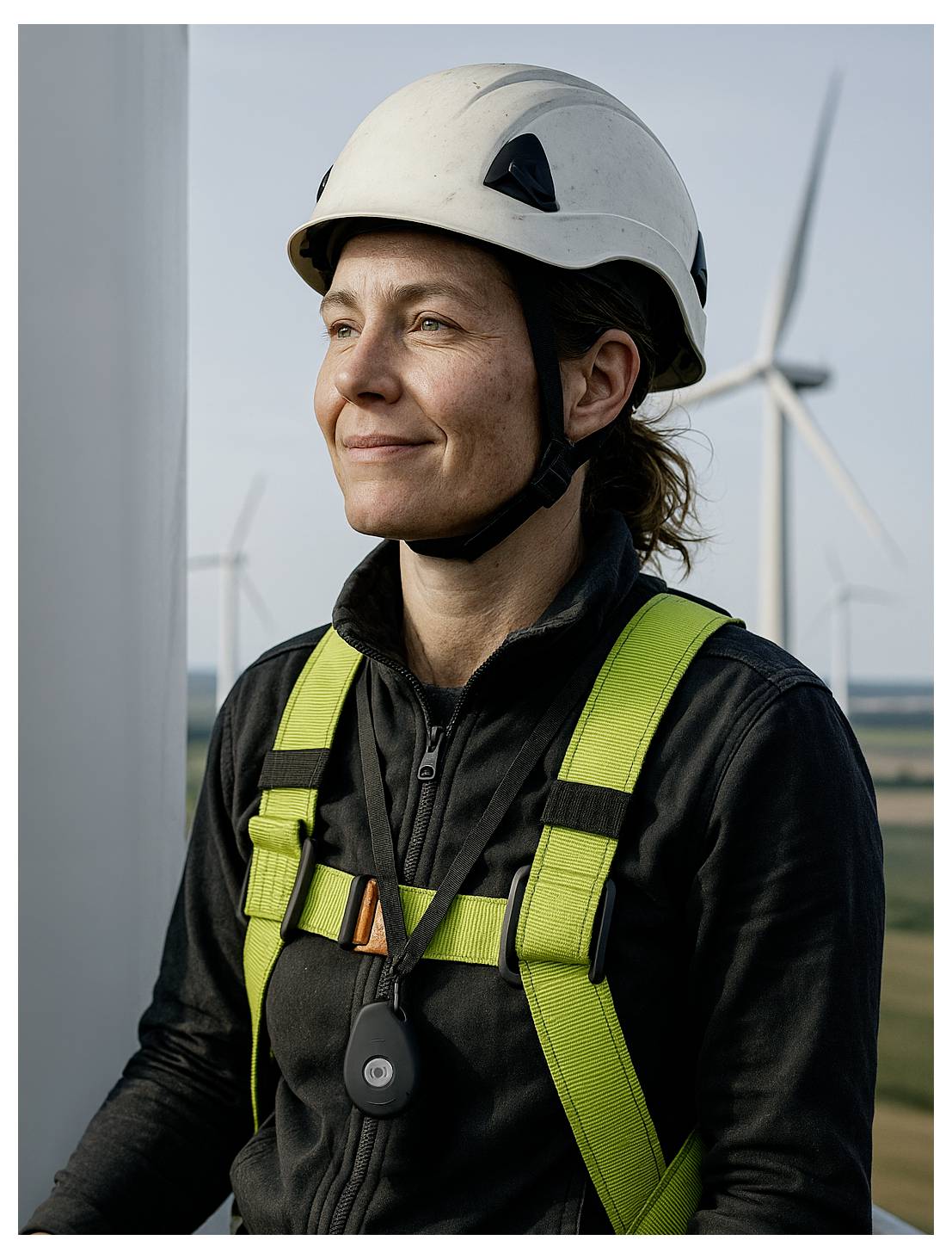 A person wearing safety gear and a helmet stands near a wind turbine, looking into the distance, with more turbines in the background.