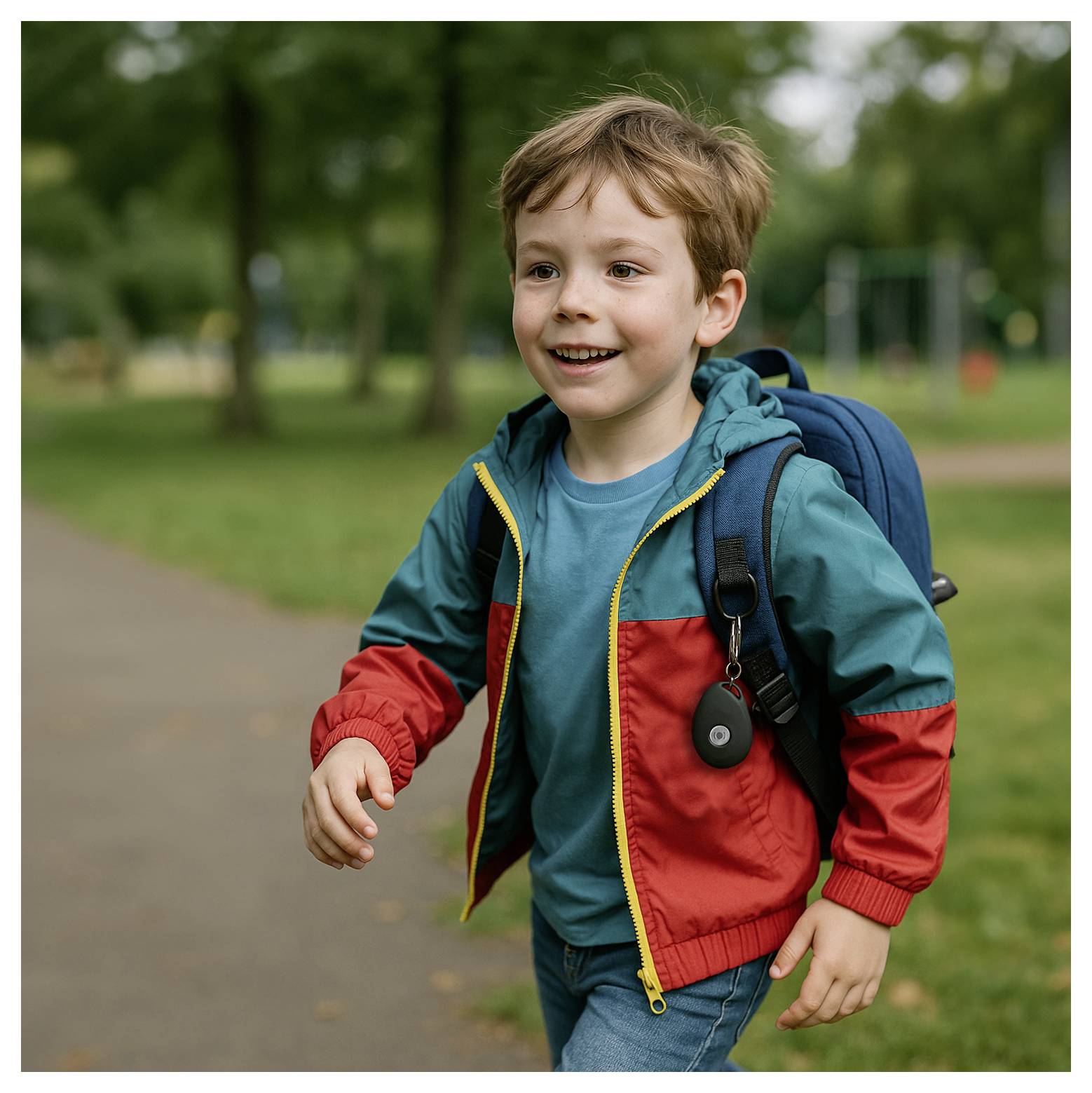 A young boy with a backpack joyfully walks in a park, wearing a colorful jacket.