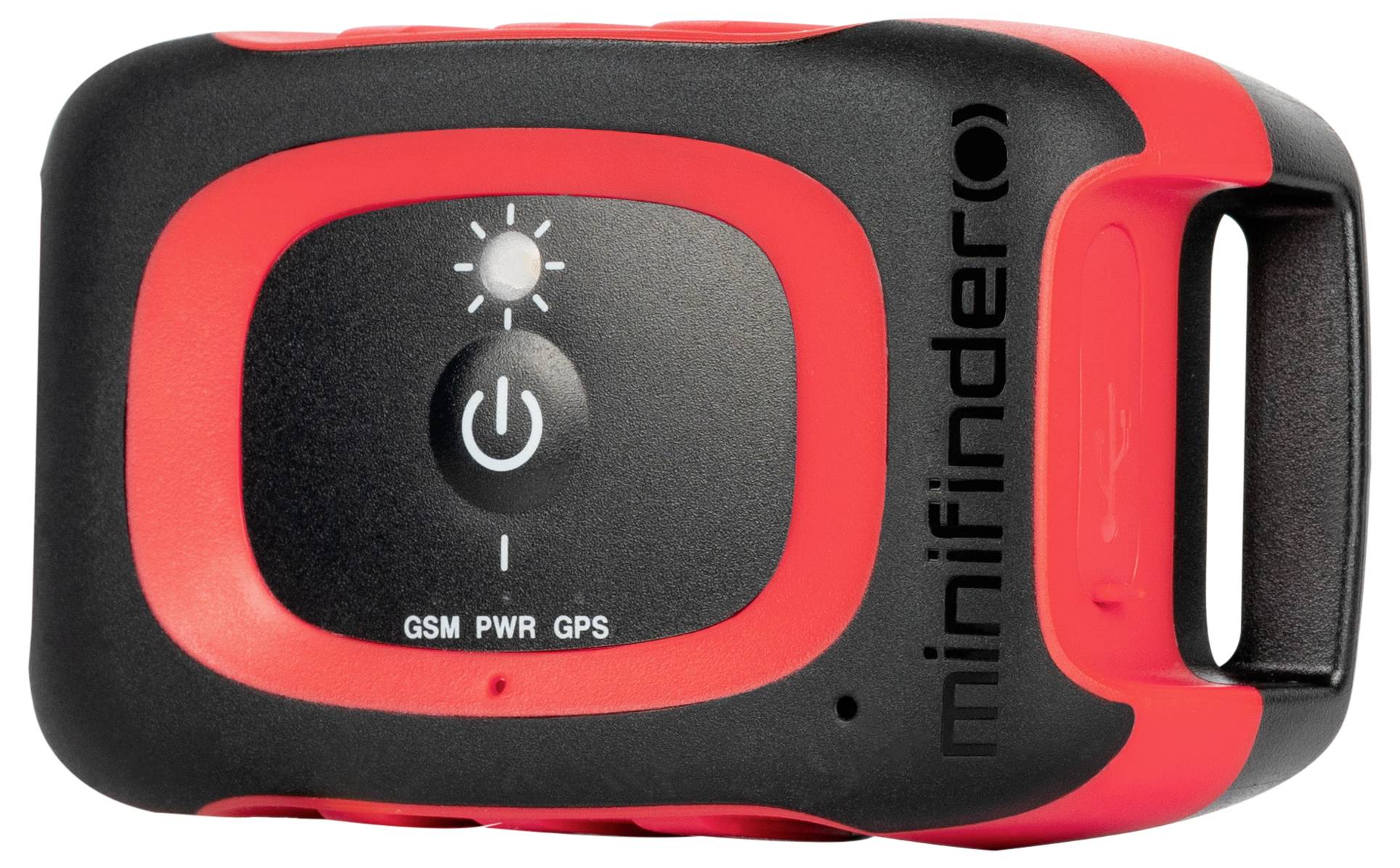 A small black and red GPS tracker device with a power button in the center, LED indicators for GSM, power, and GPS, and 'minifinder' branding on the side.