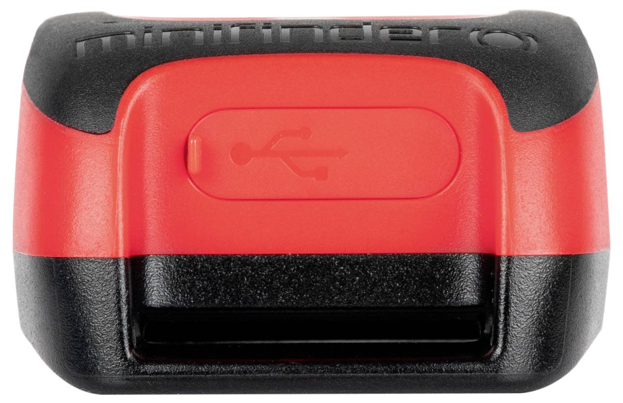 A red and black GPS tracking device with a port and a USB symbol on the front.