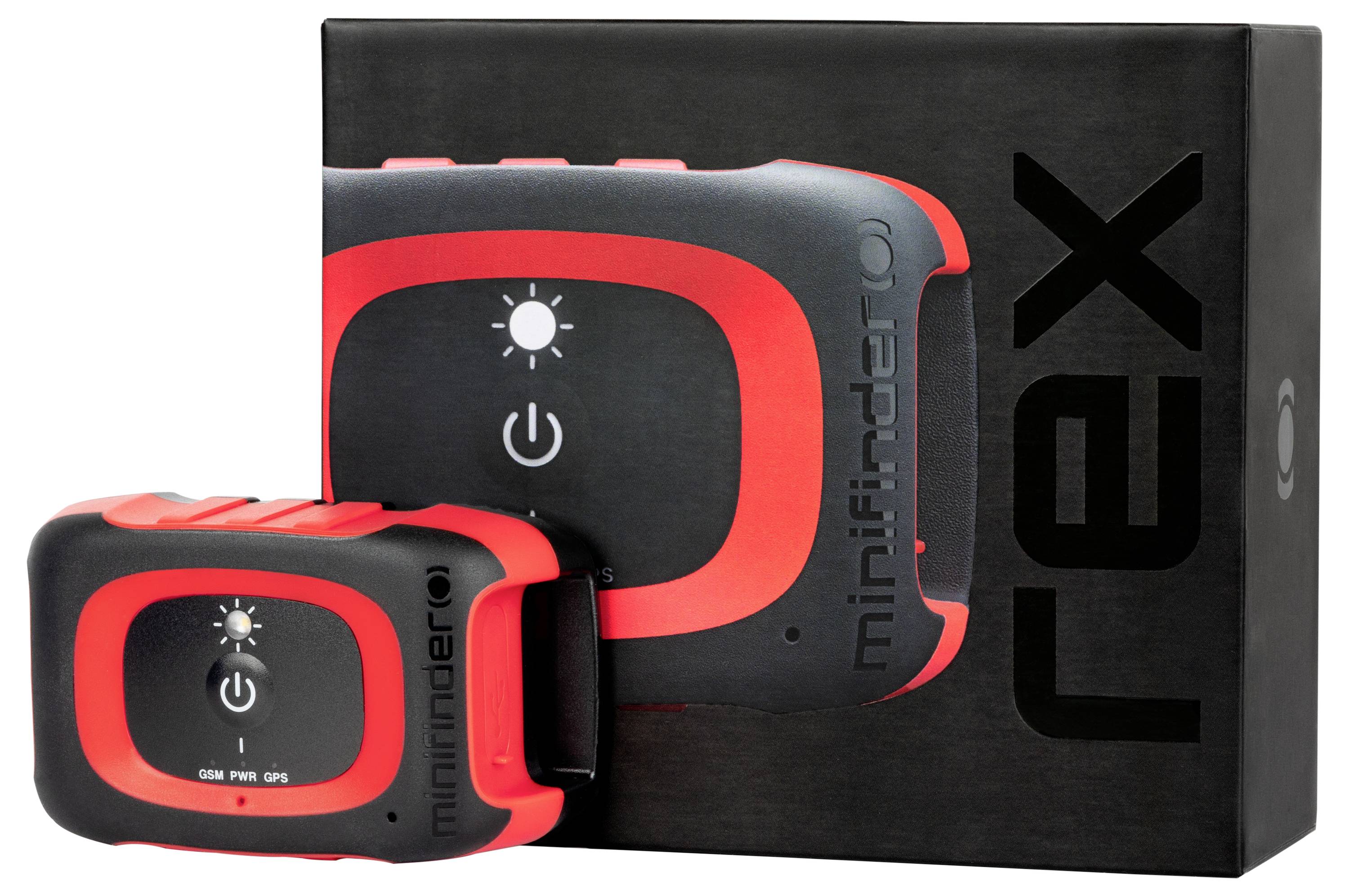 'MiniFinder Rex' tracking device with a black and red design next to its branded packaging box.