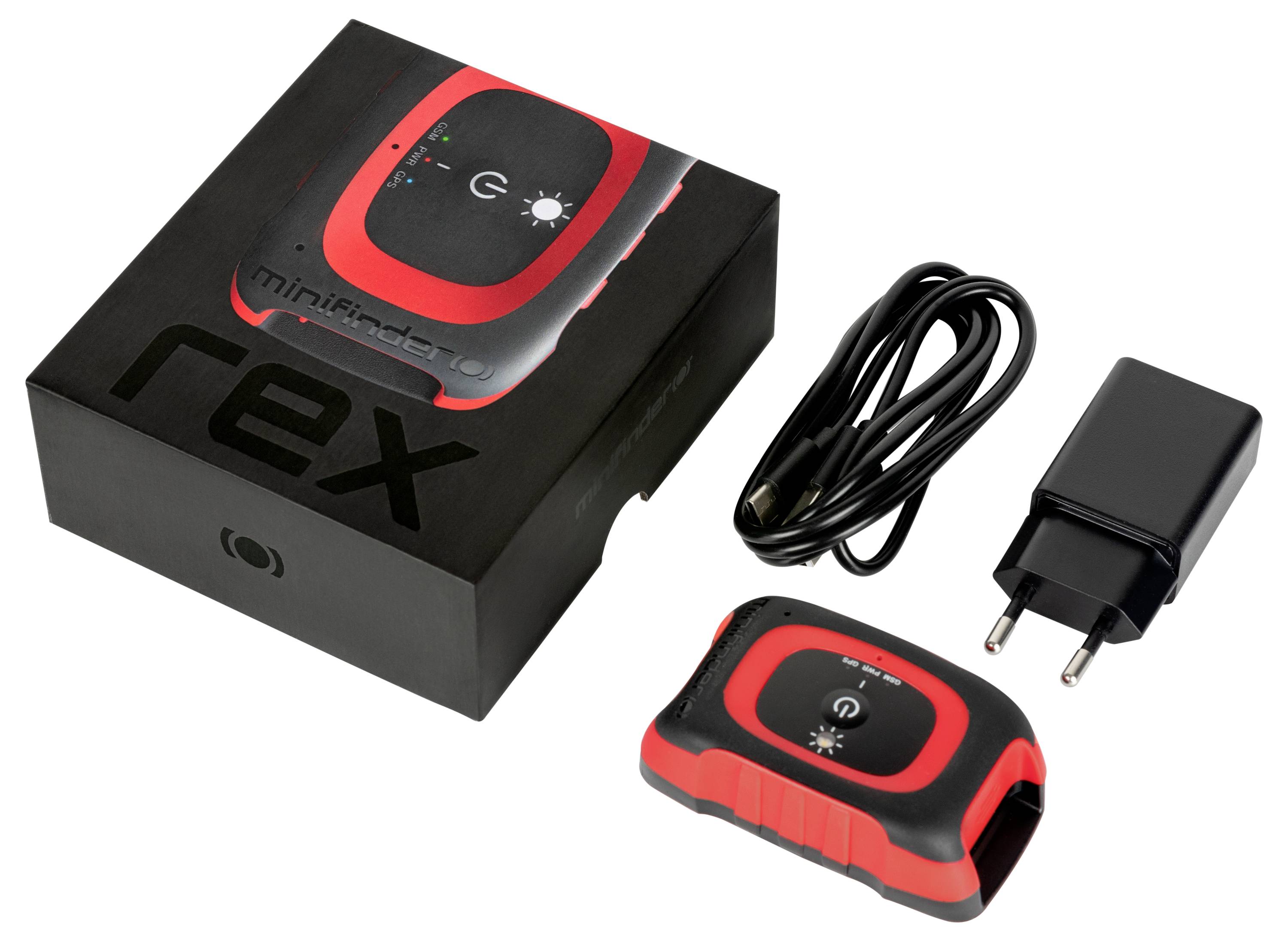 'Rex' tracking device with charger and USB cable beside black box featuring device branding and image.