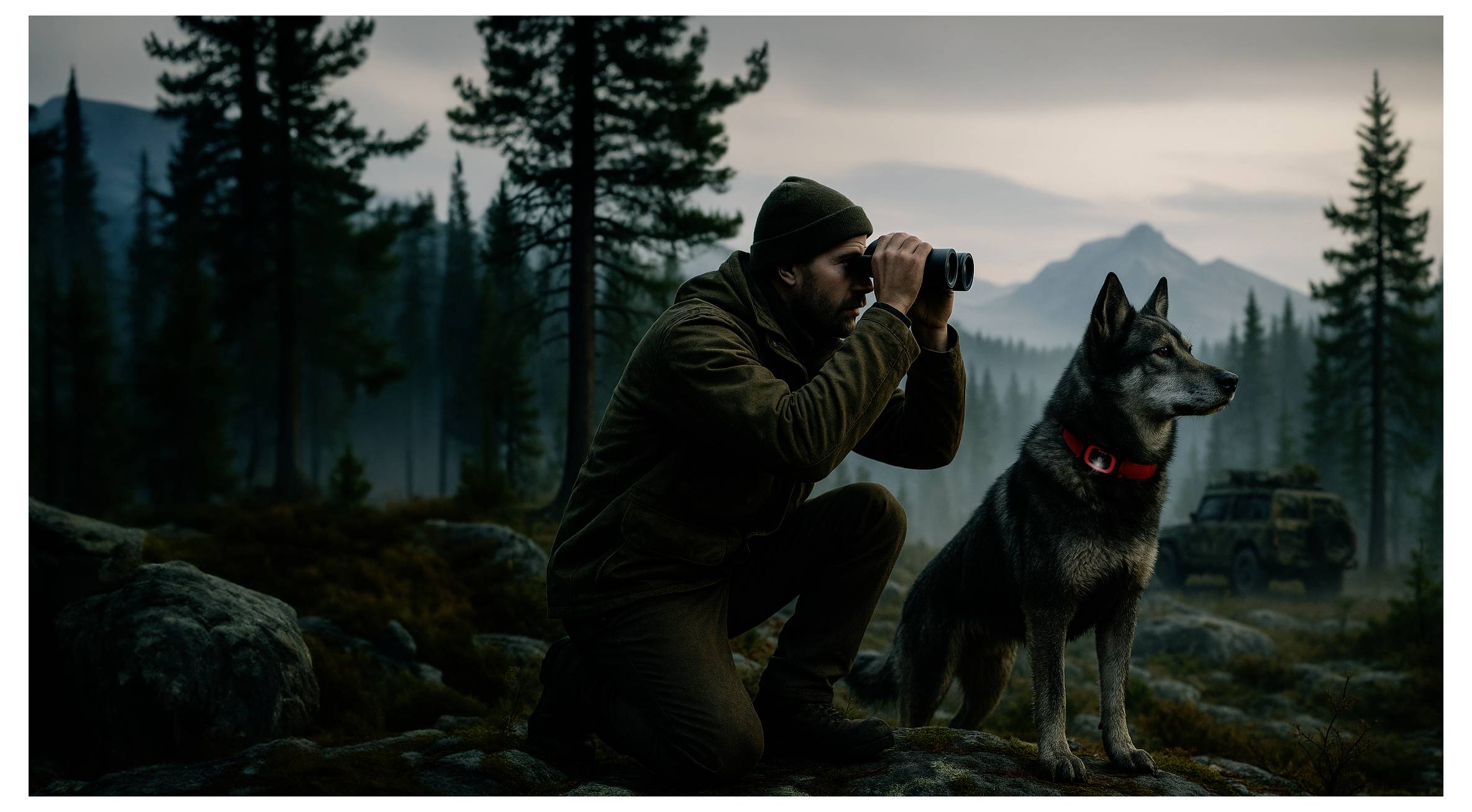 A man kneels, using binoculars to look into a forest landscape, while a dog with a red collar sits alertly beside him.