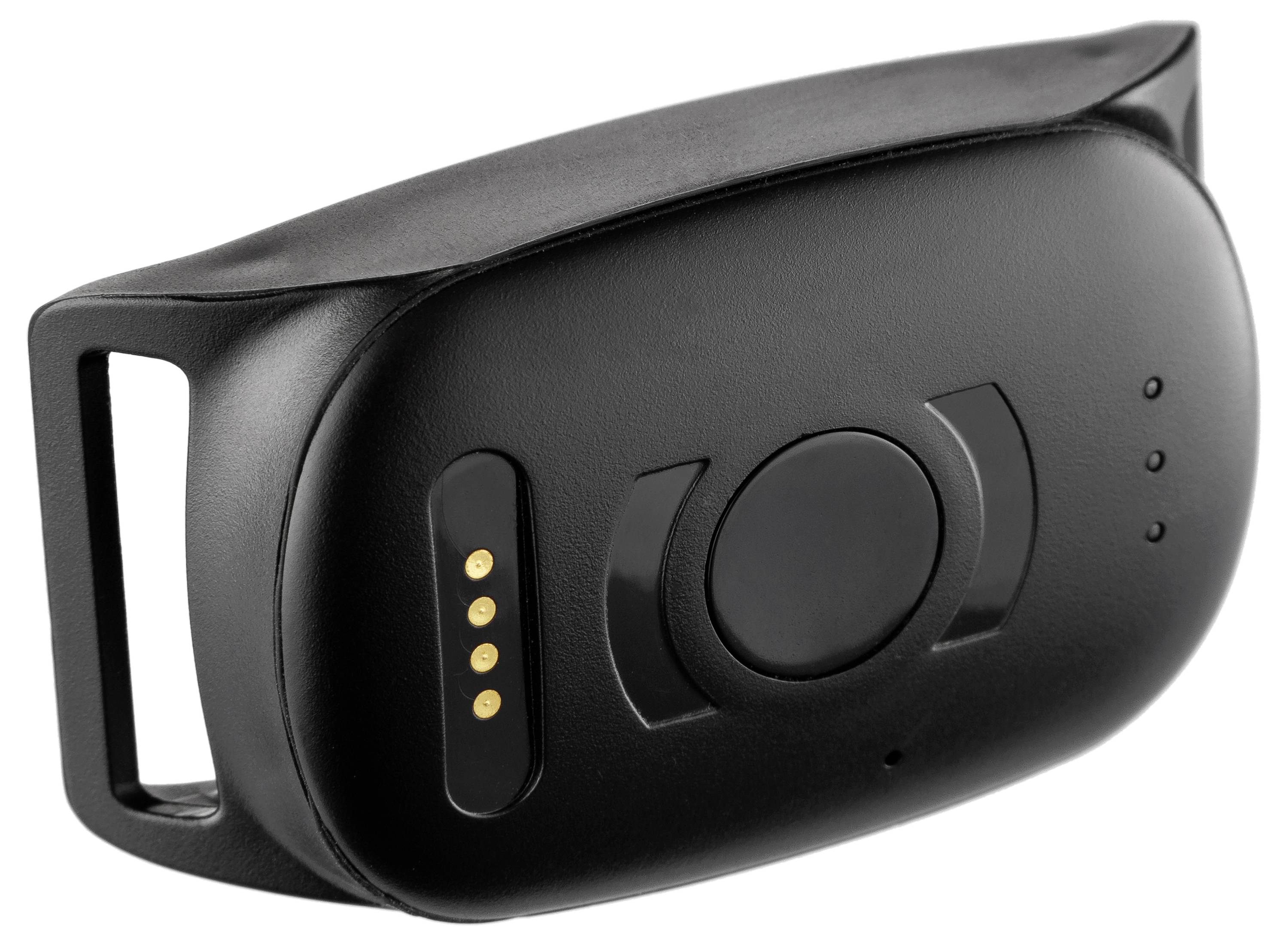 A black electronic device with a button and small gold connectors, likely for charging or data transfer.