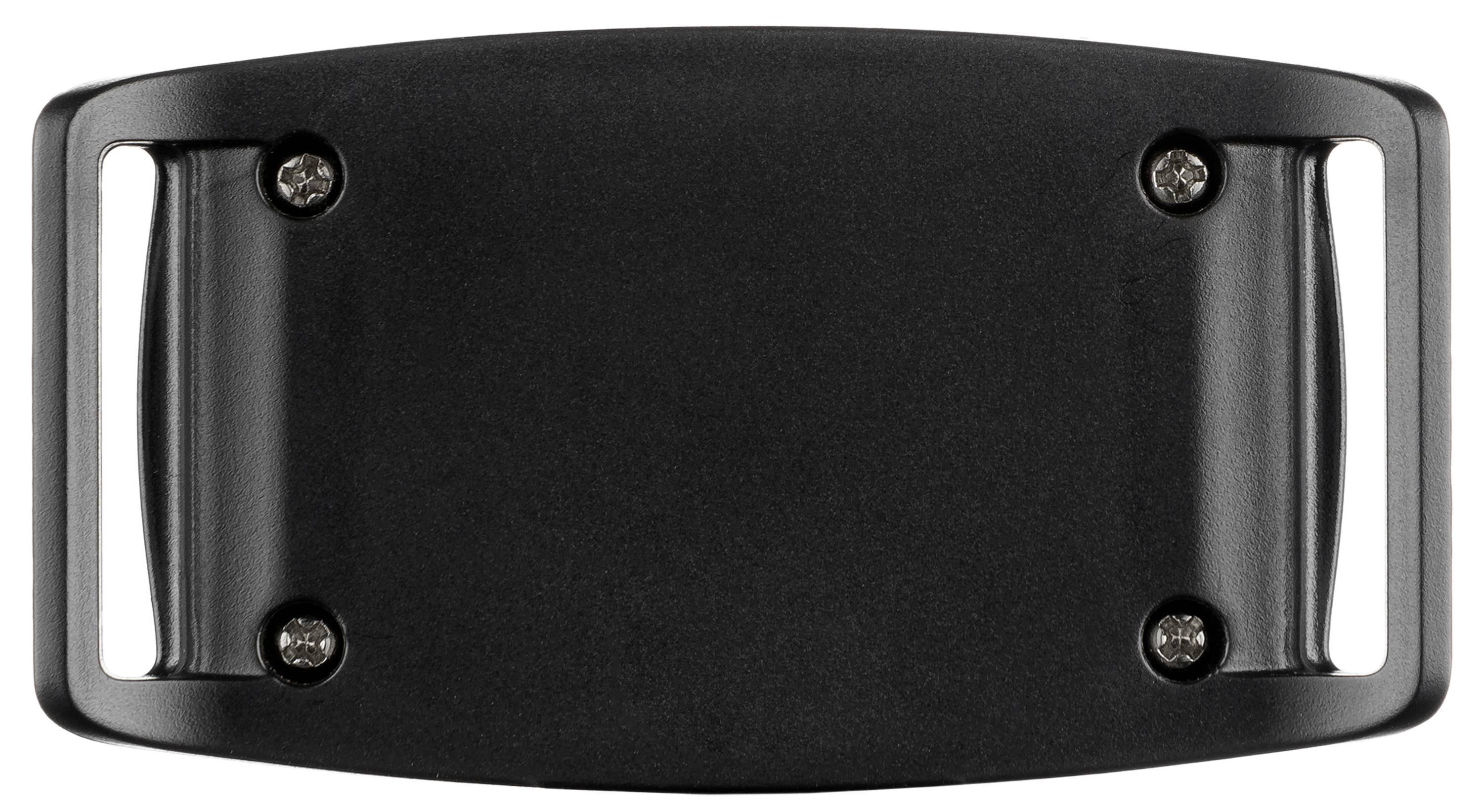Black rectangular buckle with four screws, two on each side, suitable for a belt.