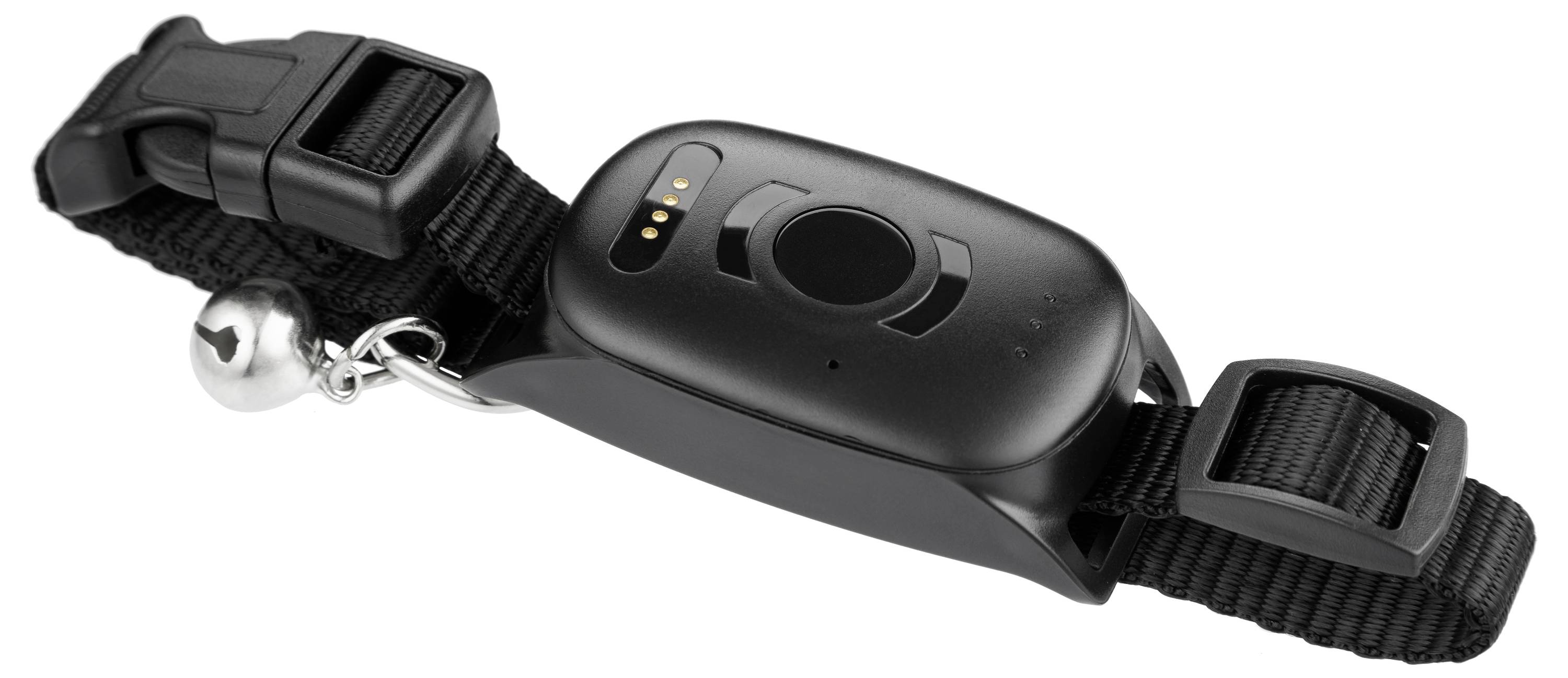 A black pet tracker collar with a GPS device attached, featuring a small bell and adjustable strap.