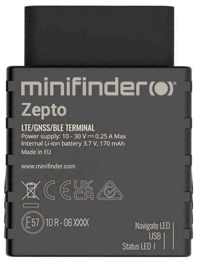 A compact black device labeled 'minifinder Zepto' with specifications: LTE/GNSS/BLE terminal, power supply 10-30V, 0.25A max, internal battery 3.7V, 170mAh.