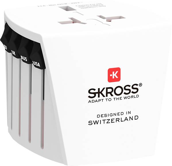 Universal travel adapter in white, labeled 'SKROSS, Adapt to the World', designed in Switzerland. Visible slider labels for UK, AUS, USA.