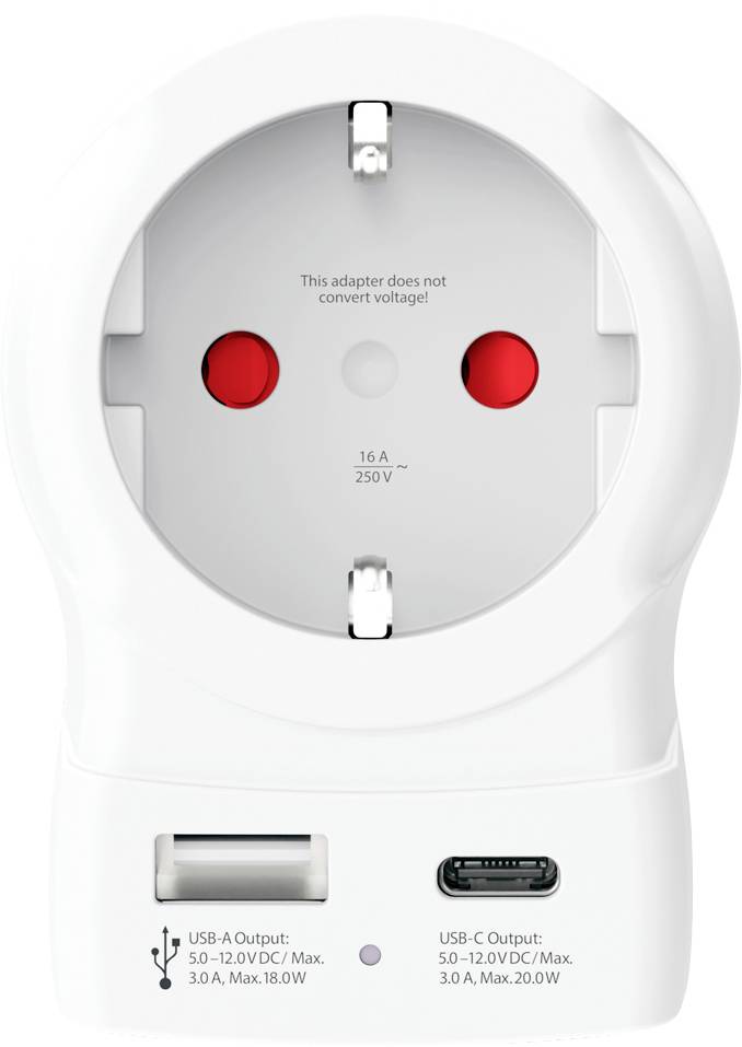 A white universal travel adapter with a European plug socket, labeled 'This adapter does not convert voltage.' Below are USB-A and USB-C ports.
