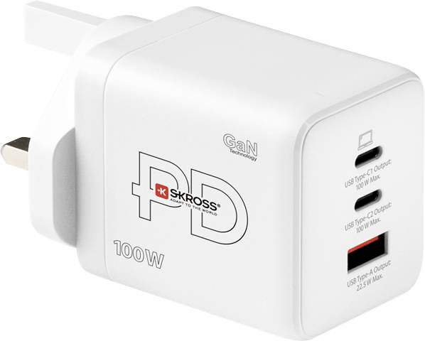A white 100W GaN technology USB charger with a UK plug, featuring two USB Type-C outputs and one USB Type-A output.