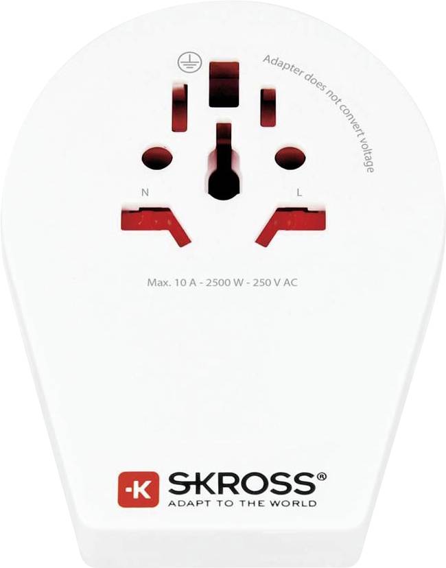 Universal travel adapter with SKROSS branding, dual plug inputs for various electrical standards, and note: 'Adapter does not convert voltage.'