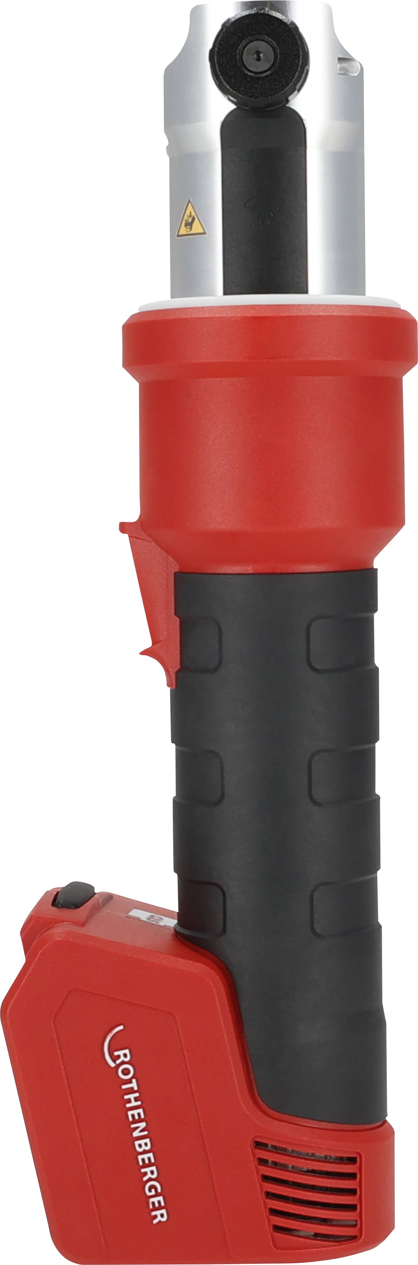 Red and black handheld tool with a battery pack, designed for industrial or construction use.