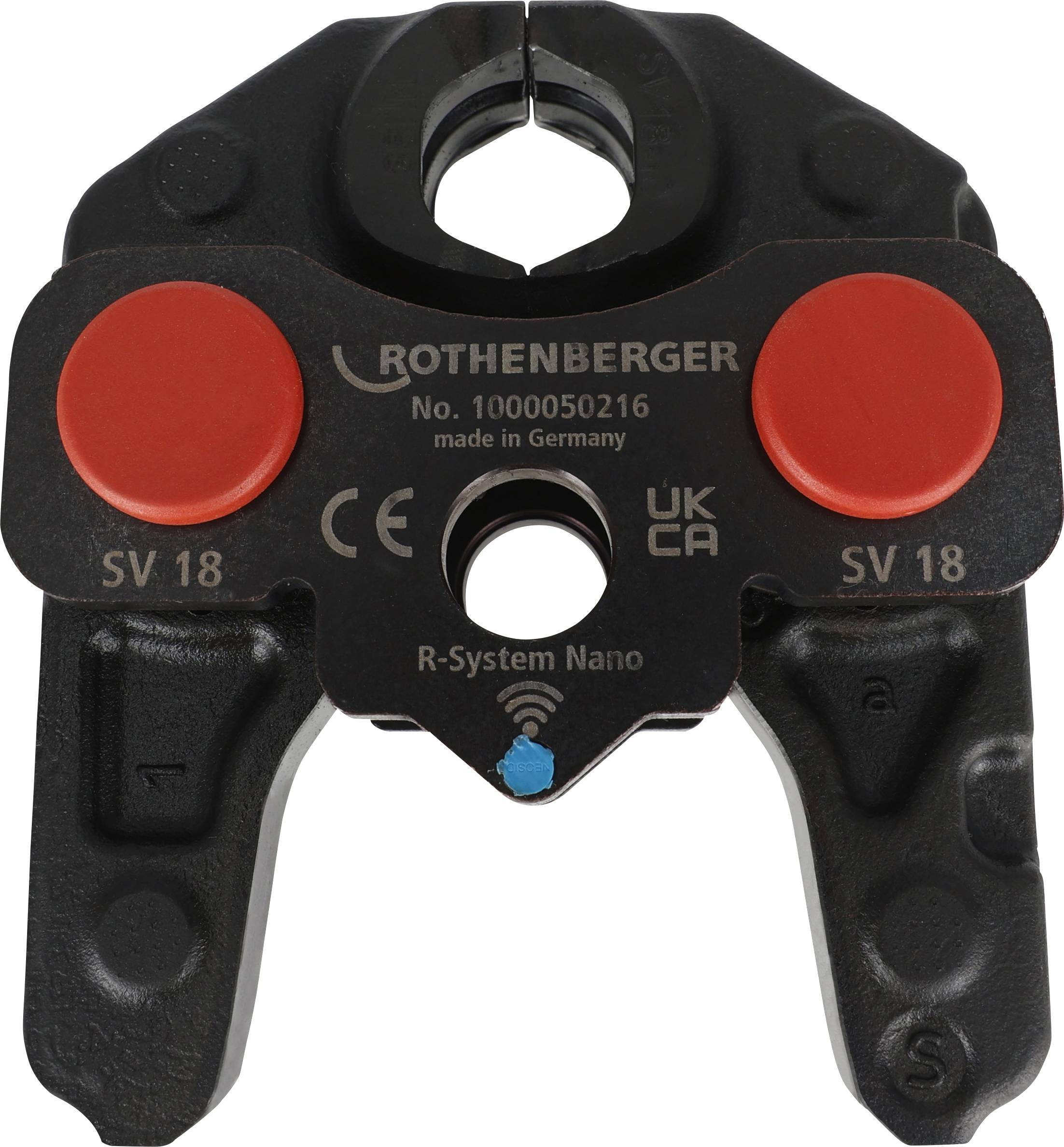 The image shows a ROTHENBERGER R-System Nano pipe tool with red circles, model SV 18, made in Germany.