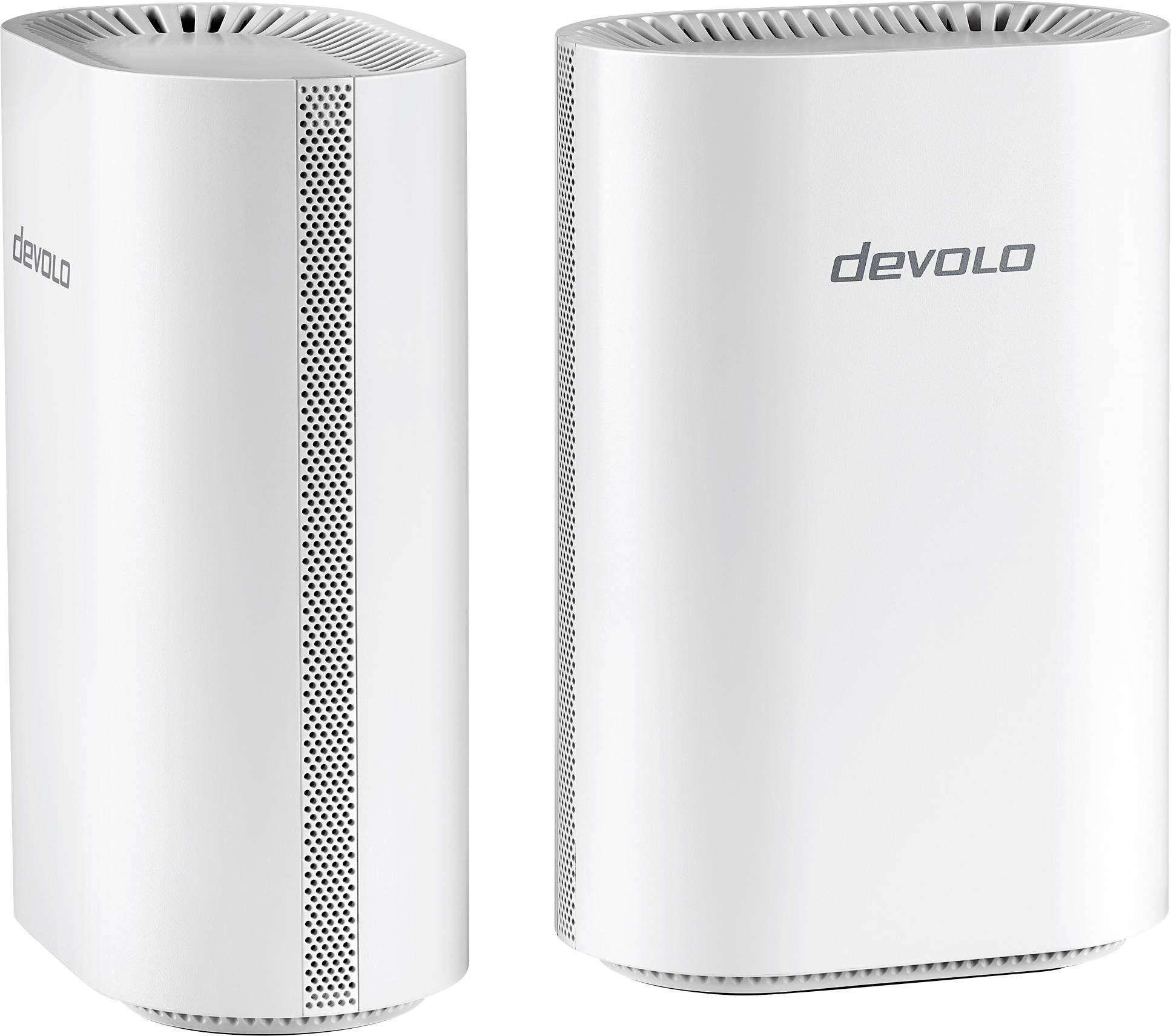 Two white Devolo WiFi mesh units with vented sides, designed to enhance home internet coverage.