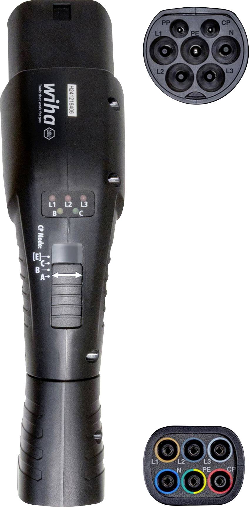 Black Wiha voltage tester showing LED indicators and rotary switch for testing options, with close-up of probe connectors for various outlets.